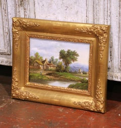 19th Century French Country Landscape Oil Painting in Carved Giltwood Frame