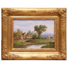 19th Century French Country Landscape Oil Painting in Carved Giltwood Frame
