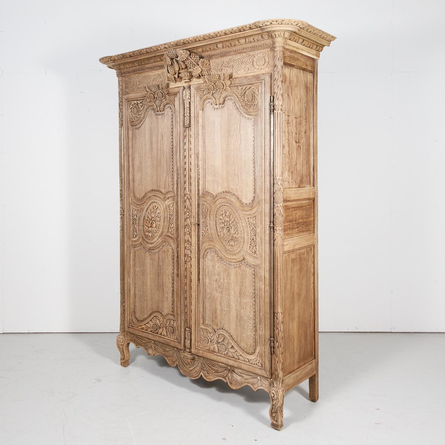 19th Century French Country Louis XV Style Bleached Oak Normandy Wedding Armoire 9