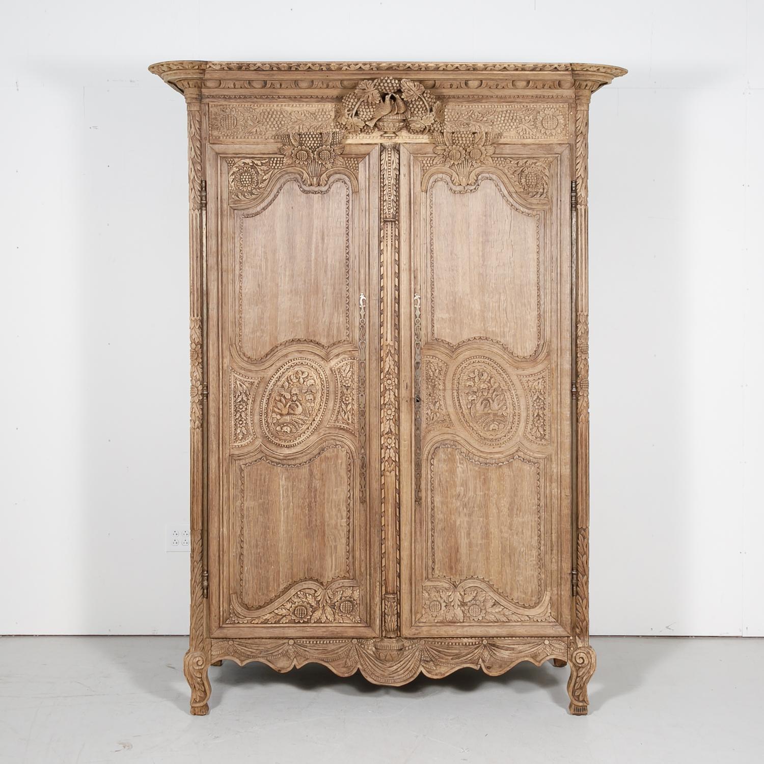19th Century French Country Louis XV Style Bleached Oak Normandy Wedding Armoire 10