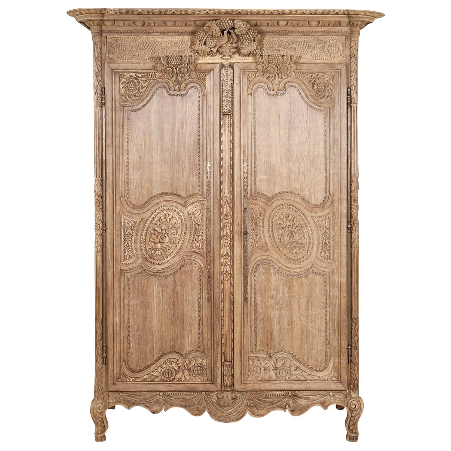 19th Century French Country Louis XV Style Bleached Oak Normandy Wedding Armoire