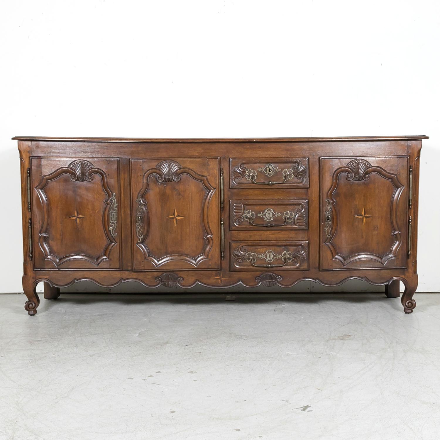 Mid-19th Century 19th Century French Country Louis XV Style Oak and Fruitwood Marquetry Buffet
