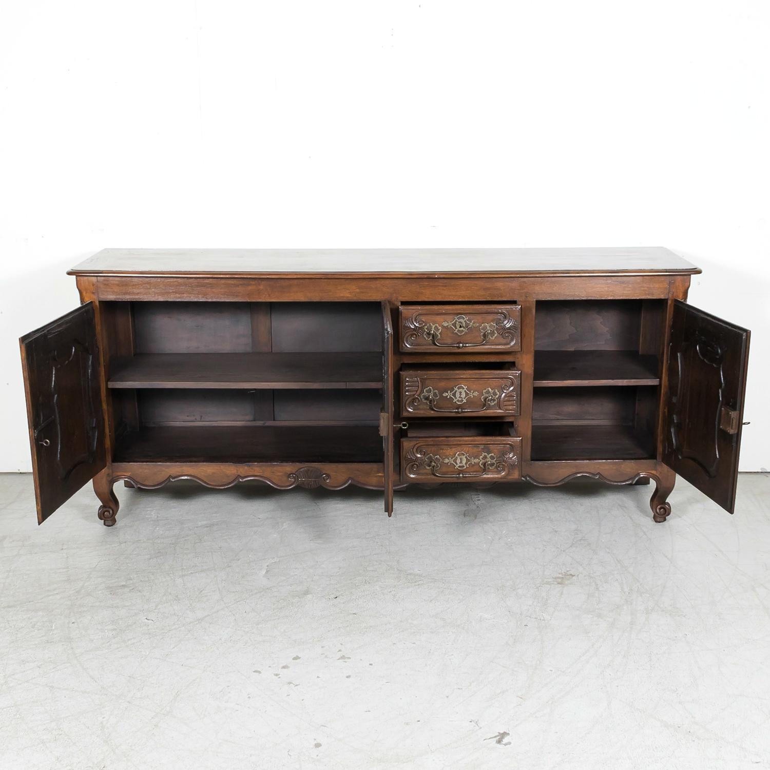 Iron 19th Century French Country Louis XV Style Oak and Fruitwood Marquetry Buffet