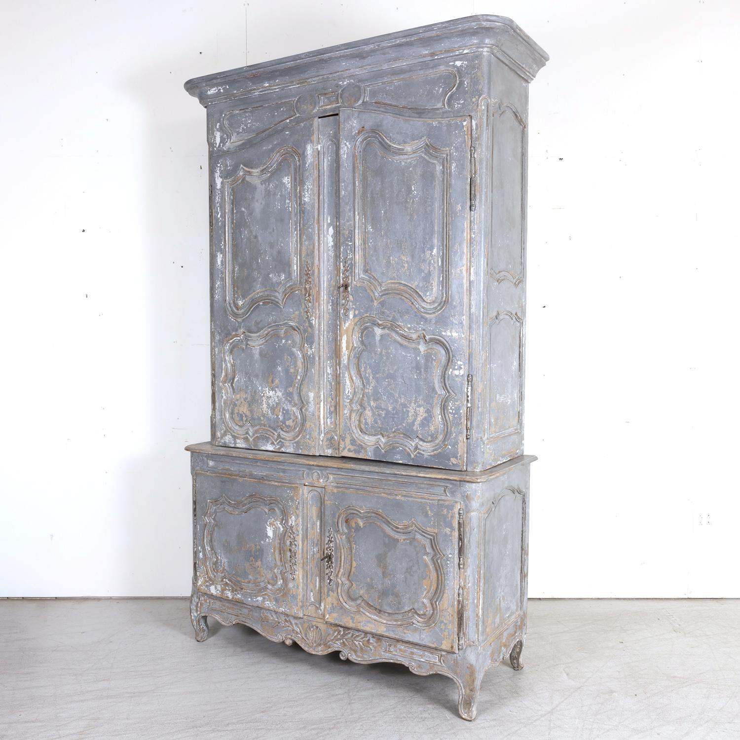 19th Century French Country Louis XV Style Painted Chateau Buffet Deux Corps 6