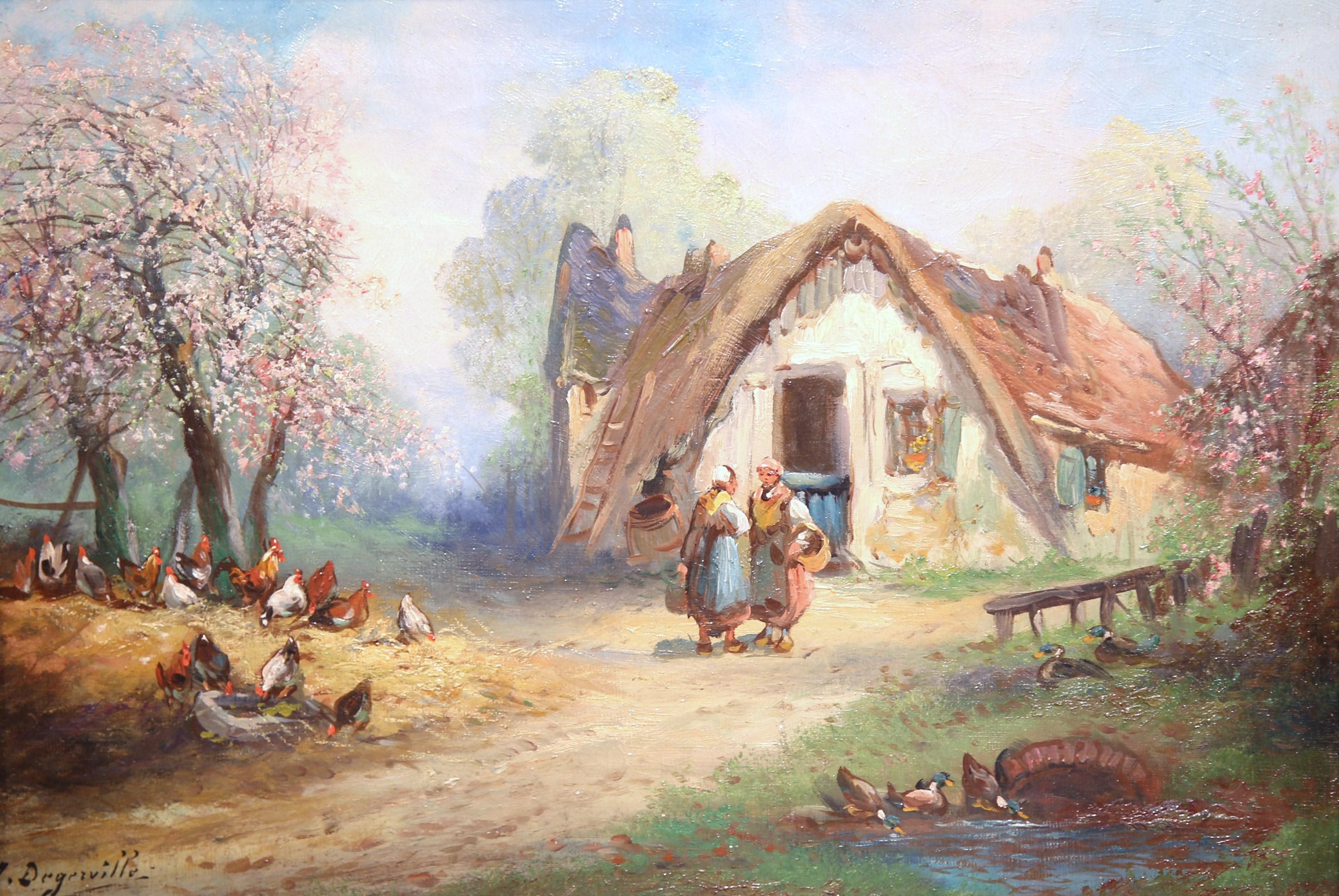This bucolic, antique oil on canvas painting was created in France circa 1860. Set in the original carved gilt frame, the artwork depicts a country scene with farm people, a pond and chickens grazing. The picturesque landscape is signed on the