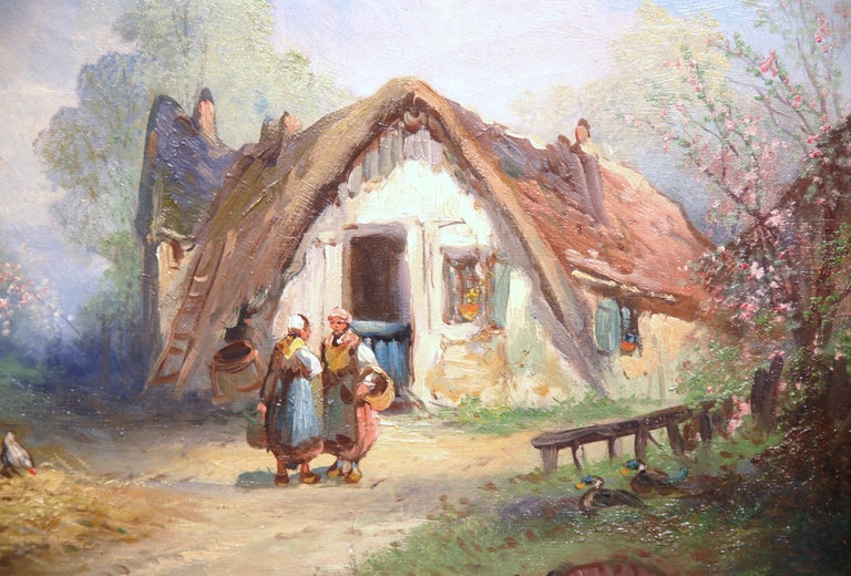 19th Century French Country Scene Oil Painting in Gilt Frame Signed A