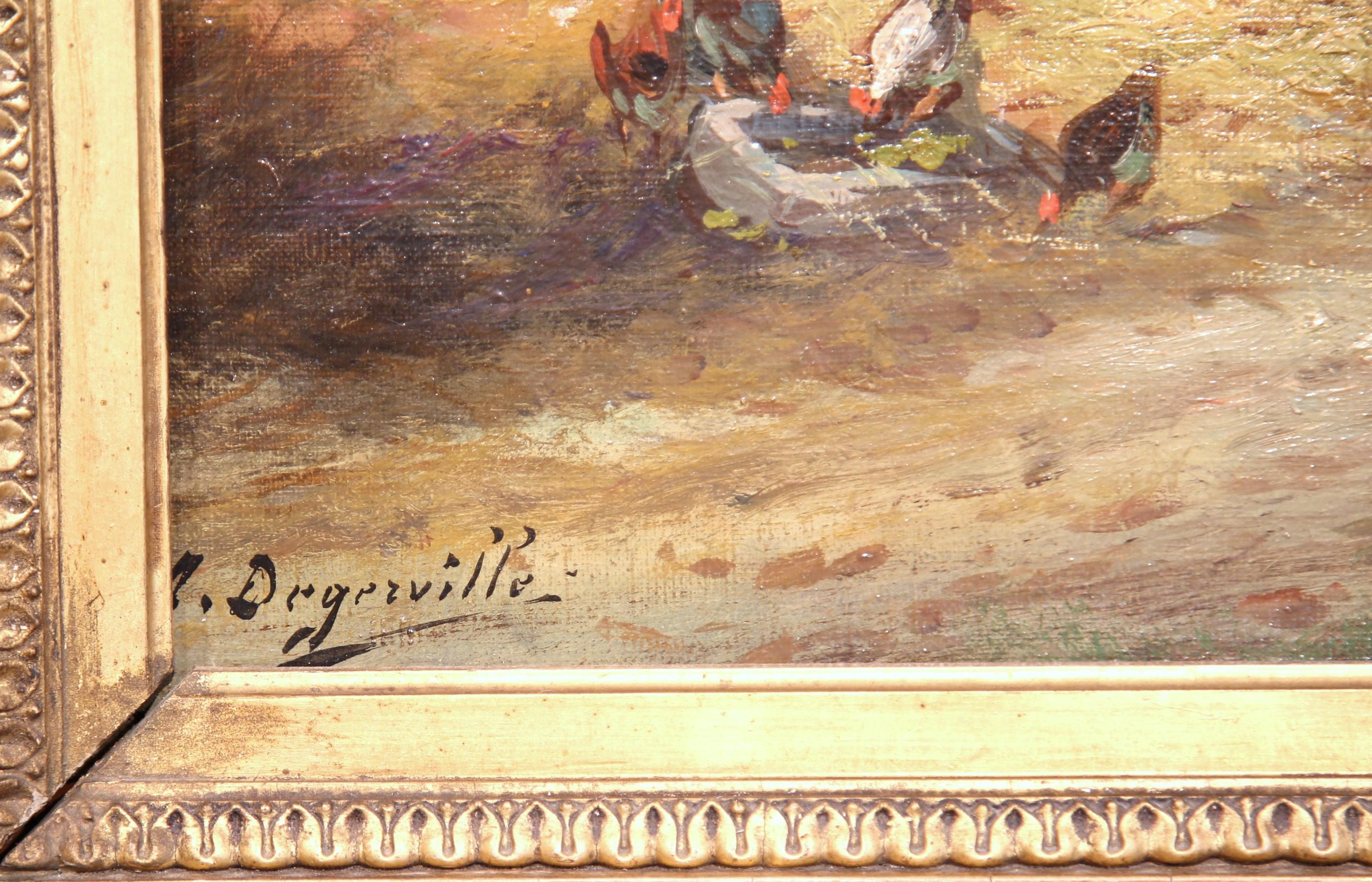 19th Century French Country Scene Oil Painting in Gilt Frame Signed A Degerville In Excellent Condition For Sale In Dallas, TX