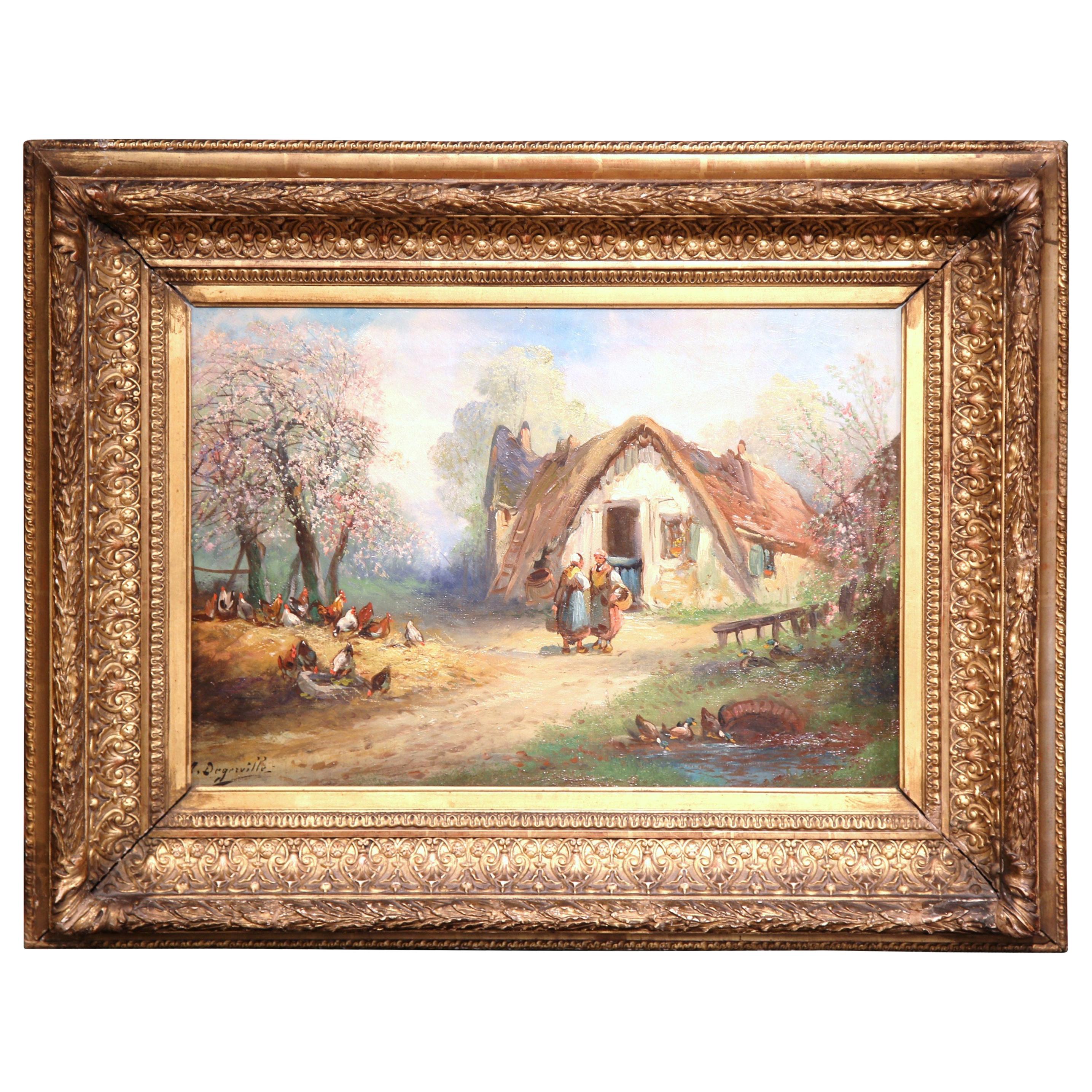 19th Century French Country Scene Oil Painting in Gilt Frame Signed A Degerville