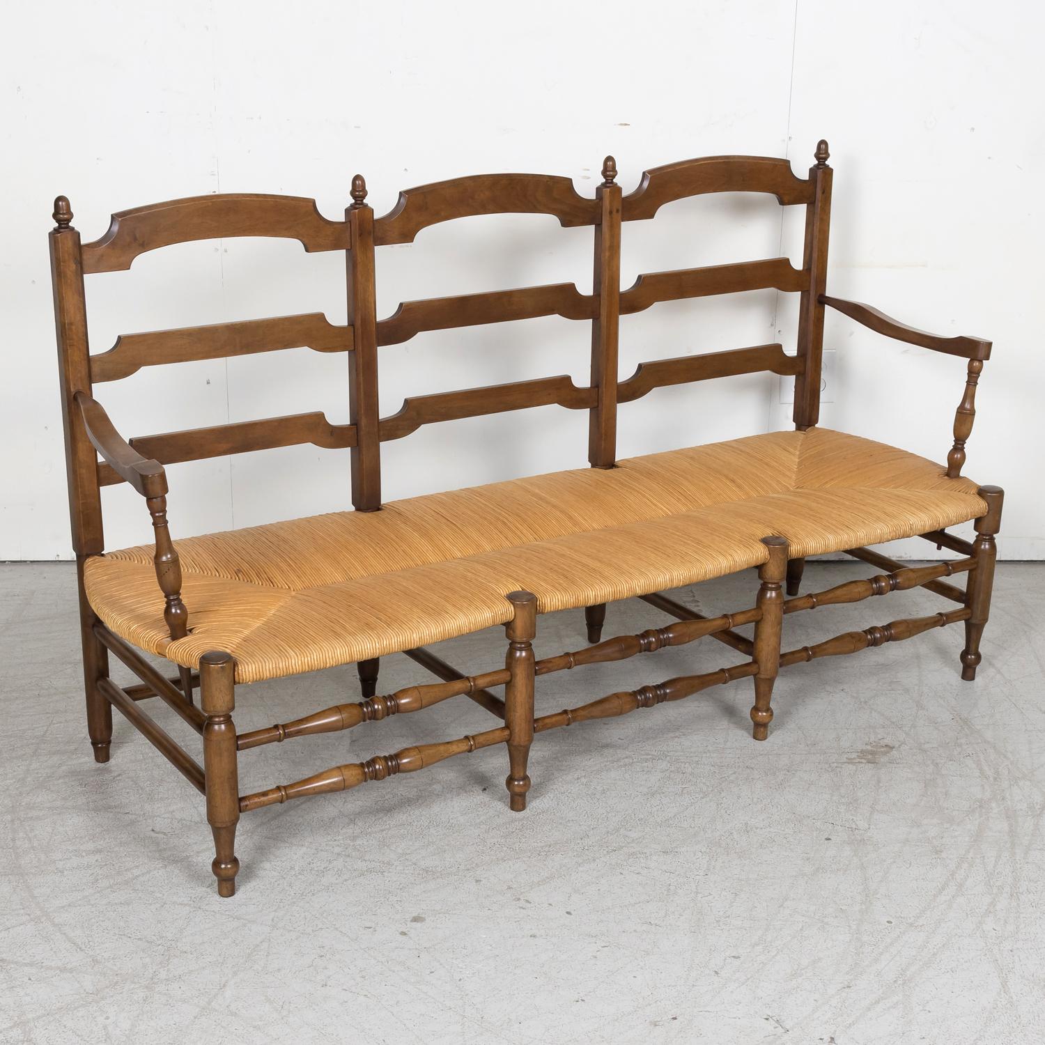 19th Century French Country Walnut Ladder Back Radassier or Settee Rush Seat 8