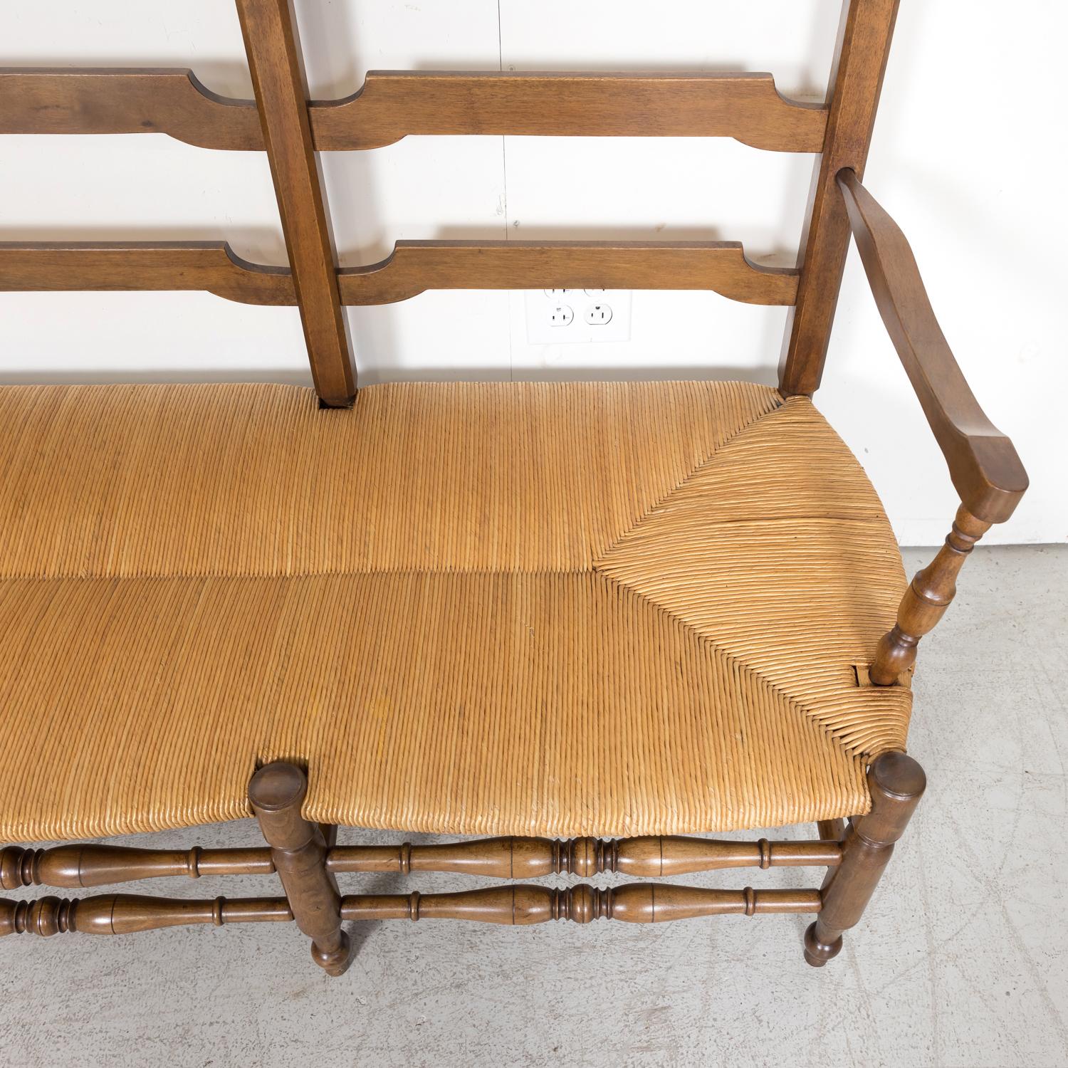 19th Century French Country Walnut Ladder Back Radassier or Settee Rush Seat 3