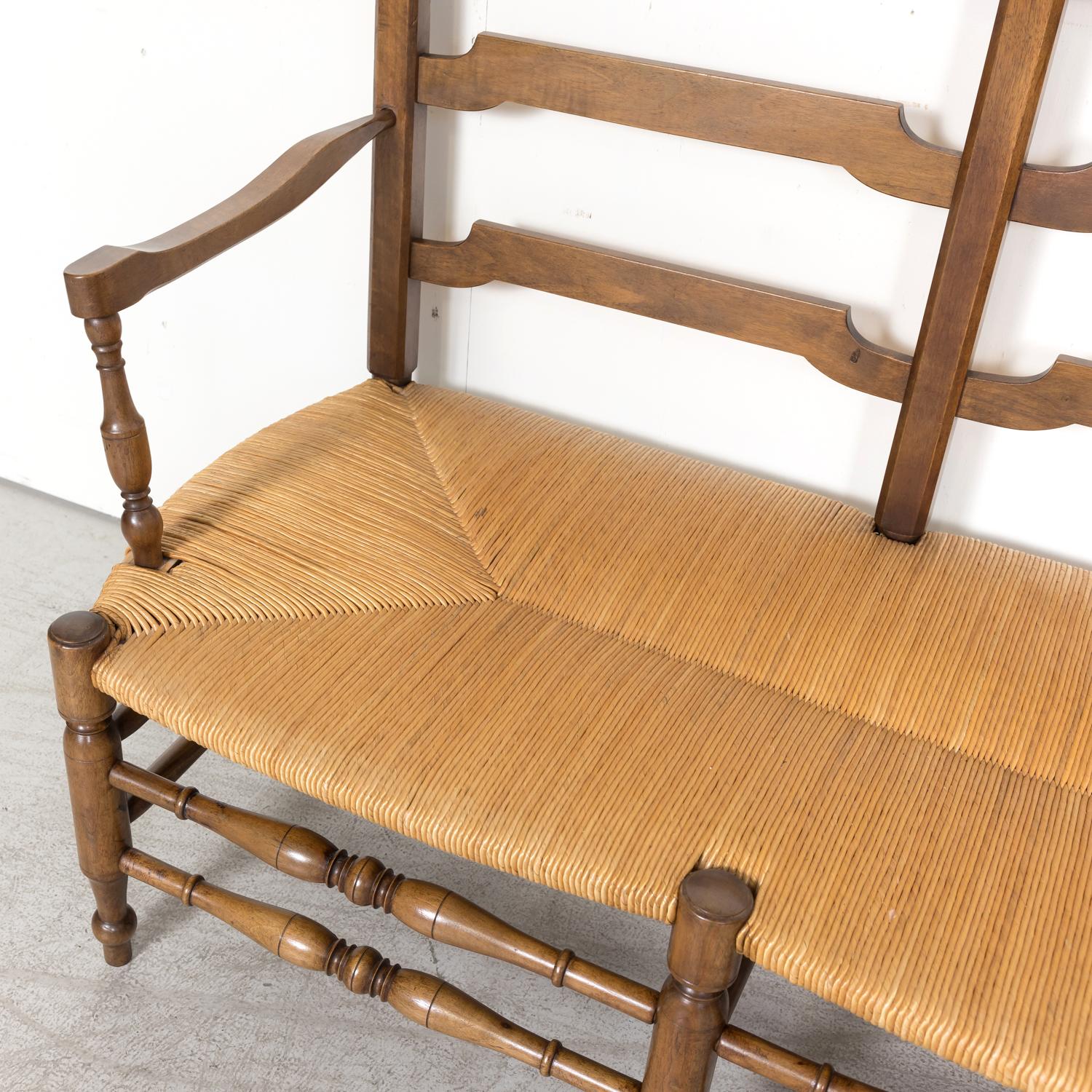 19th Century French Country Walnut Ladder Back Radassier or Settee Rush Seat 6