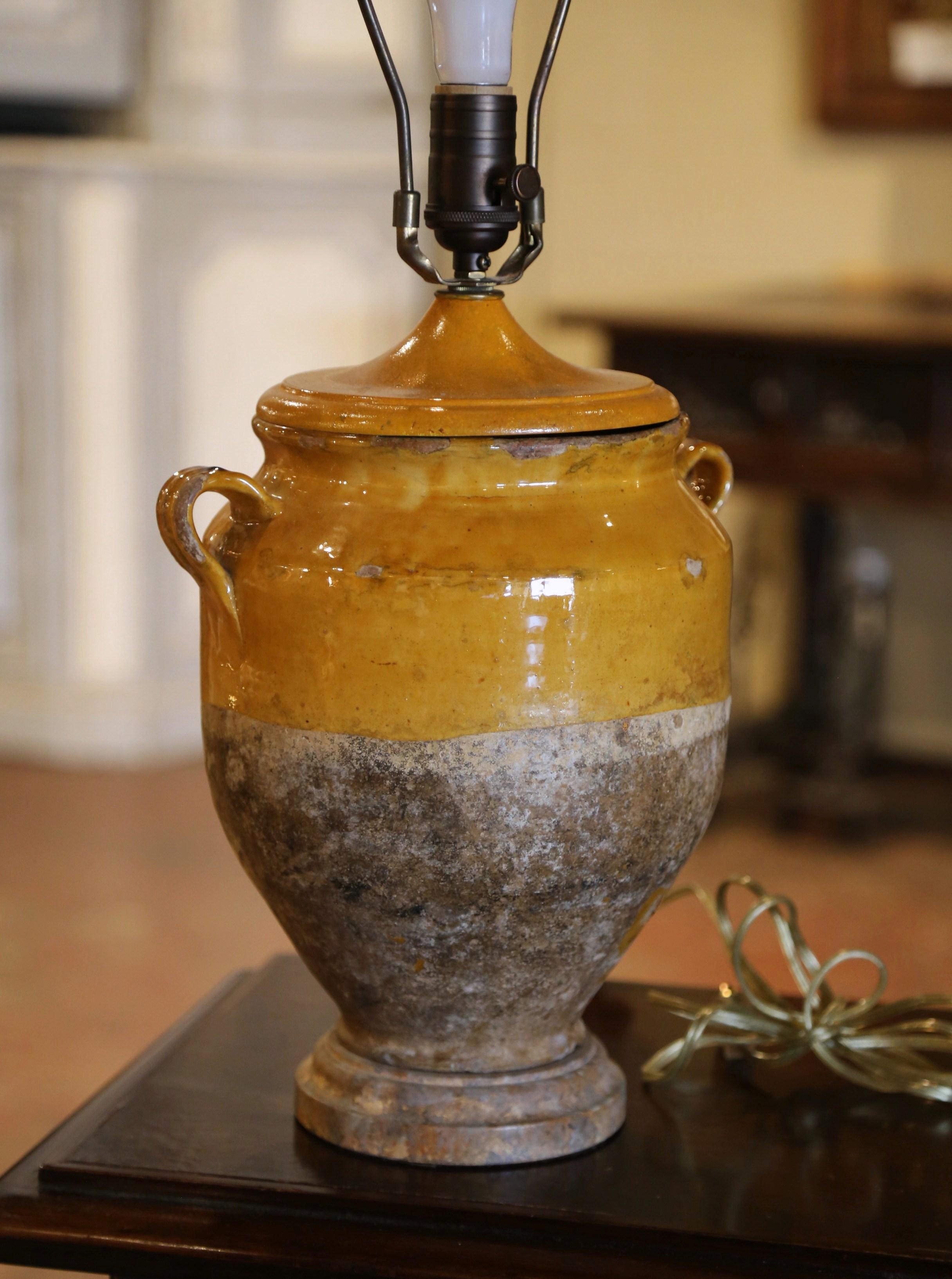19th Century French Country Yellow Glazed Confit Pot Table Lamp with Shade In Excellent Condition In Dallas, TX