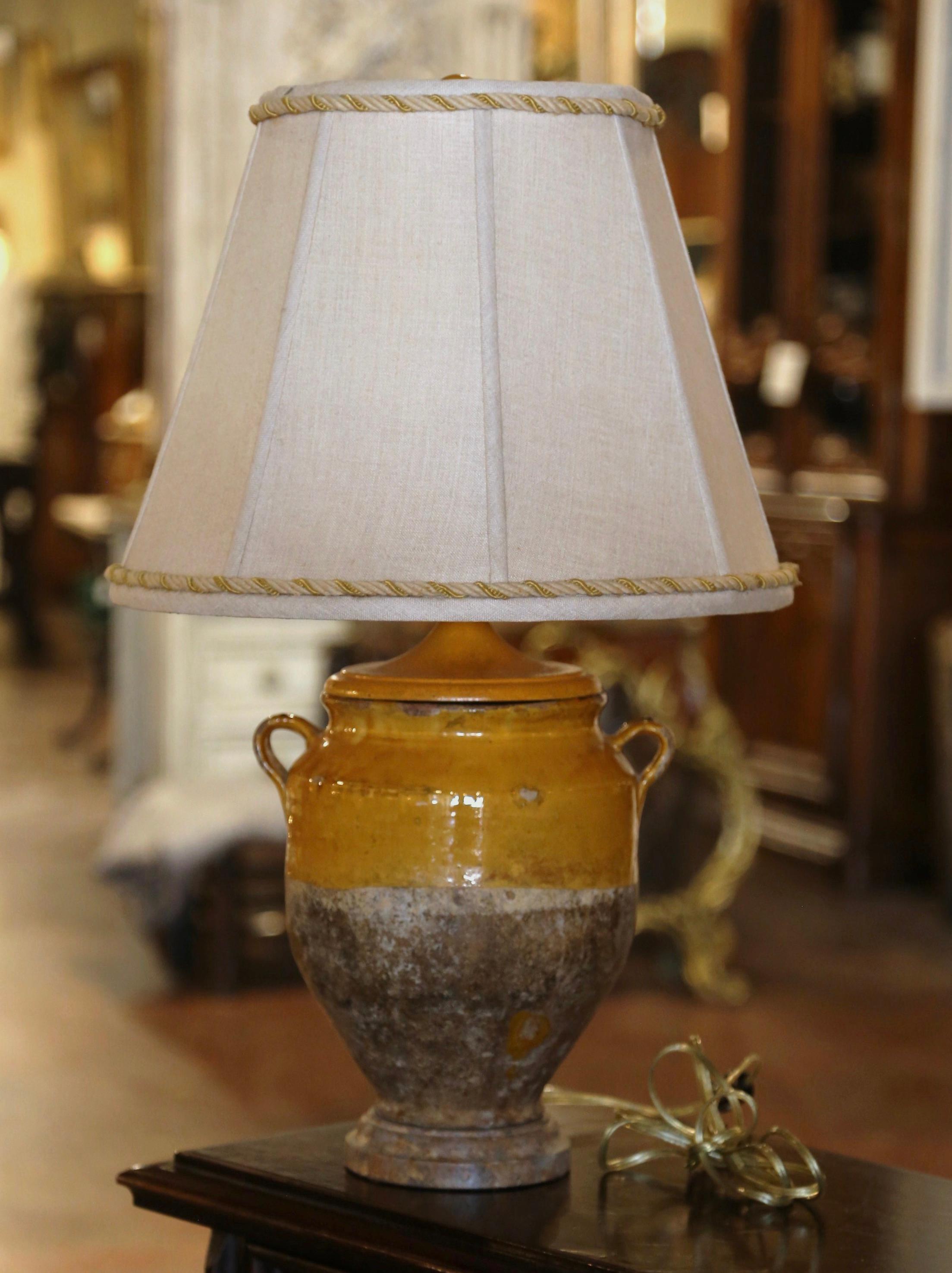 Earthenware 19th Century French Country Yellow Glazed Confit Pot Table Lamp with Shade