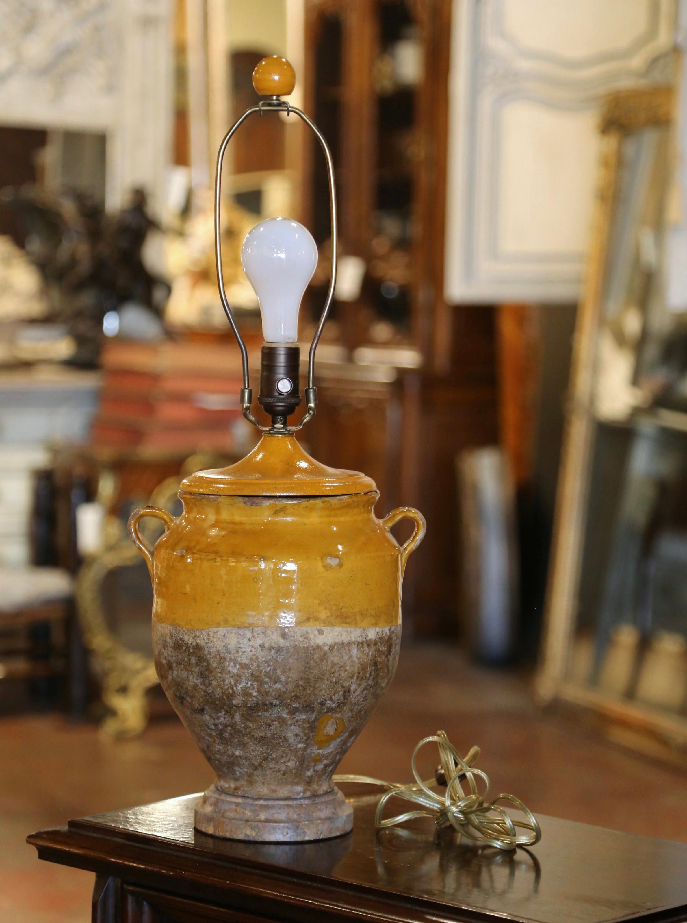 19th Century French Country Yellow Glazed Confit Pot Table Lamp with Shade 1