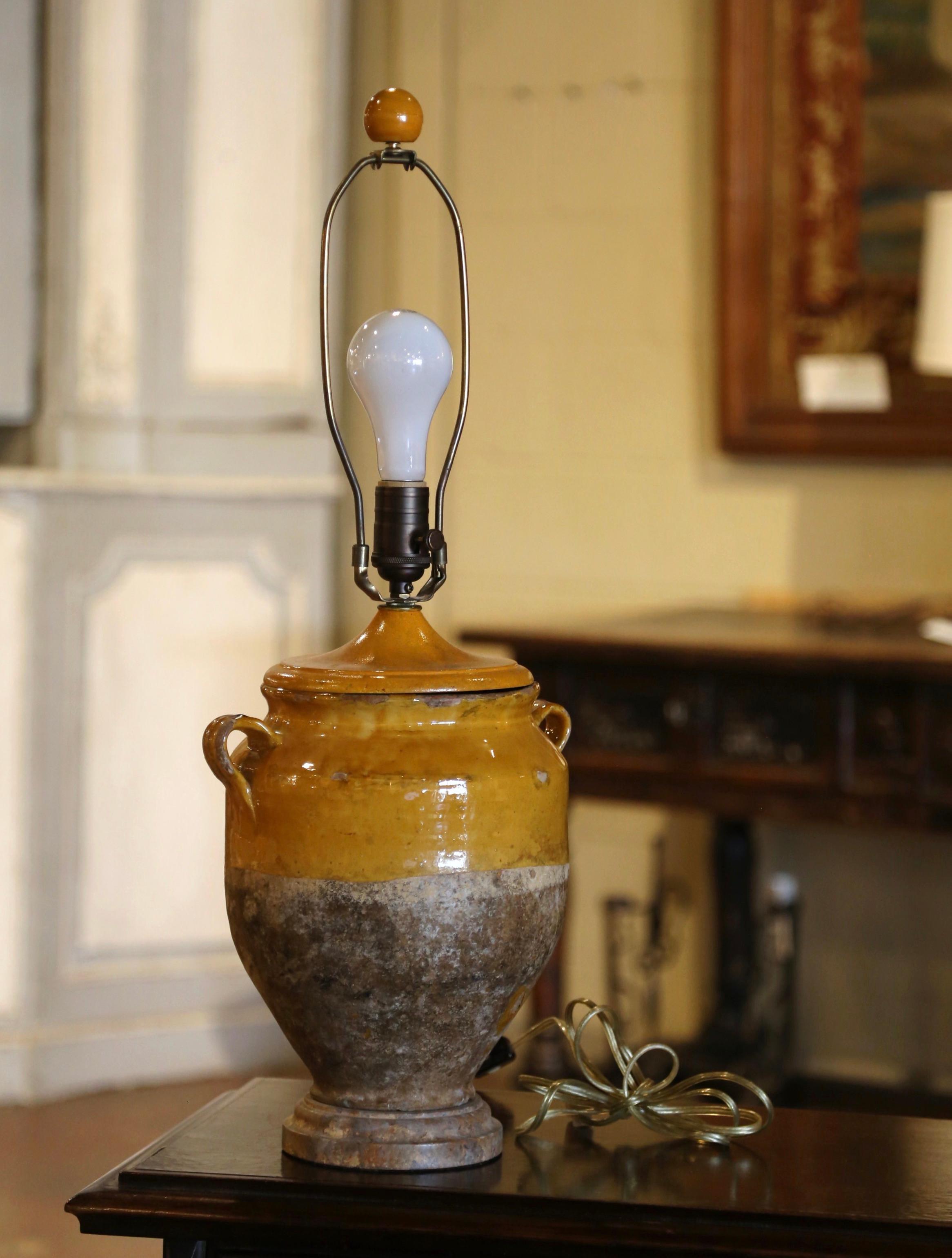 19th Century French Country Yellow Glazed Confit Pot Table Lamp with Shade 2