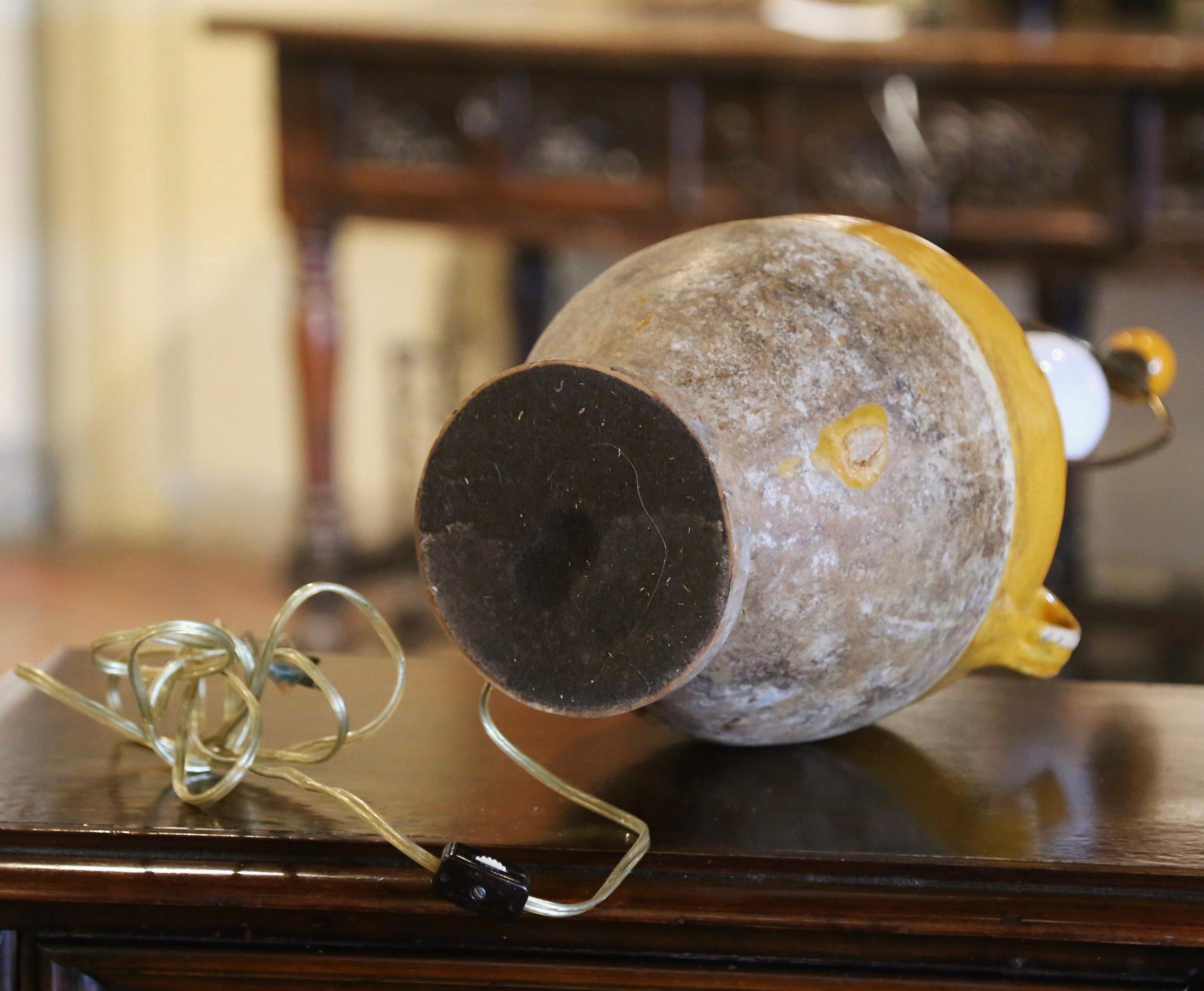 19th Century French Country Yellow Glazed Confit Pot Table Lamp with Shade 4
