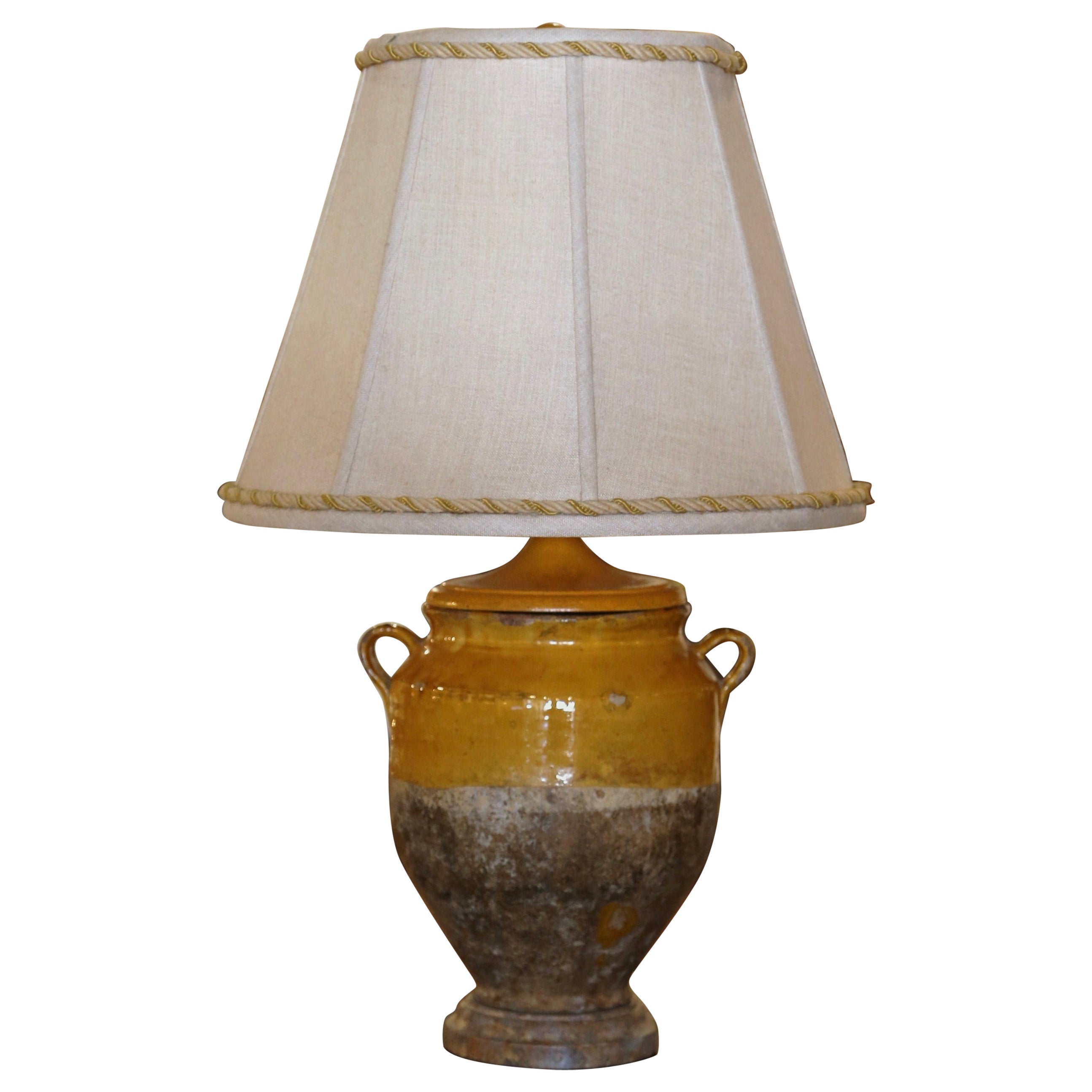 19th Century French Country Yellow Glazed Confit Pot Table Lamp with Shade