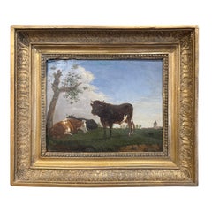 19th Century French Cows Oil Painting in Carved Gilt Frame After C. Quinton