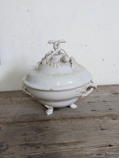 19th Century French Creamware or Faience Footed Soup Tureen with Lid
