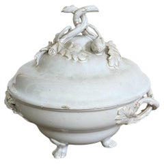 Antique 19th Century French Creamware or Faience Footed Soup Tureen with Lid