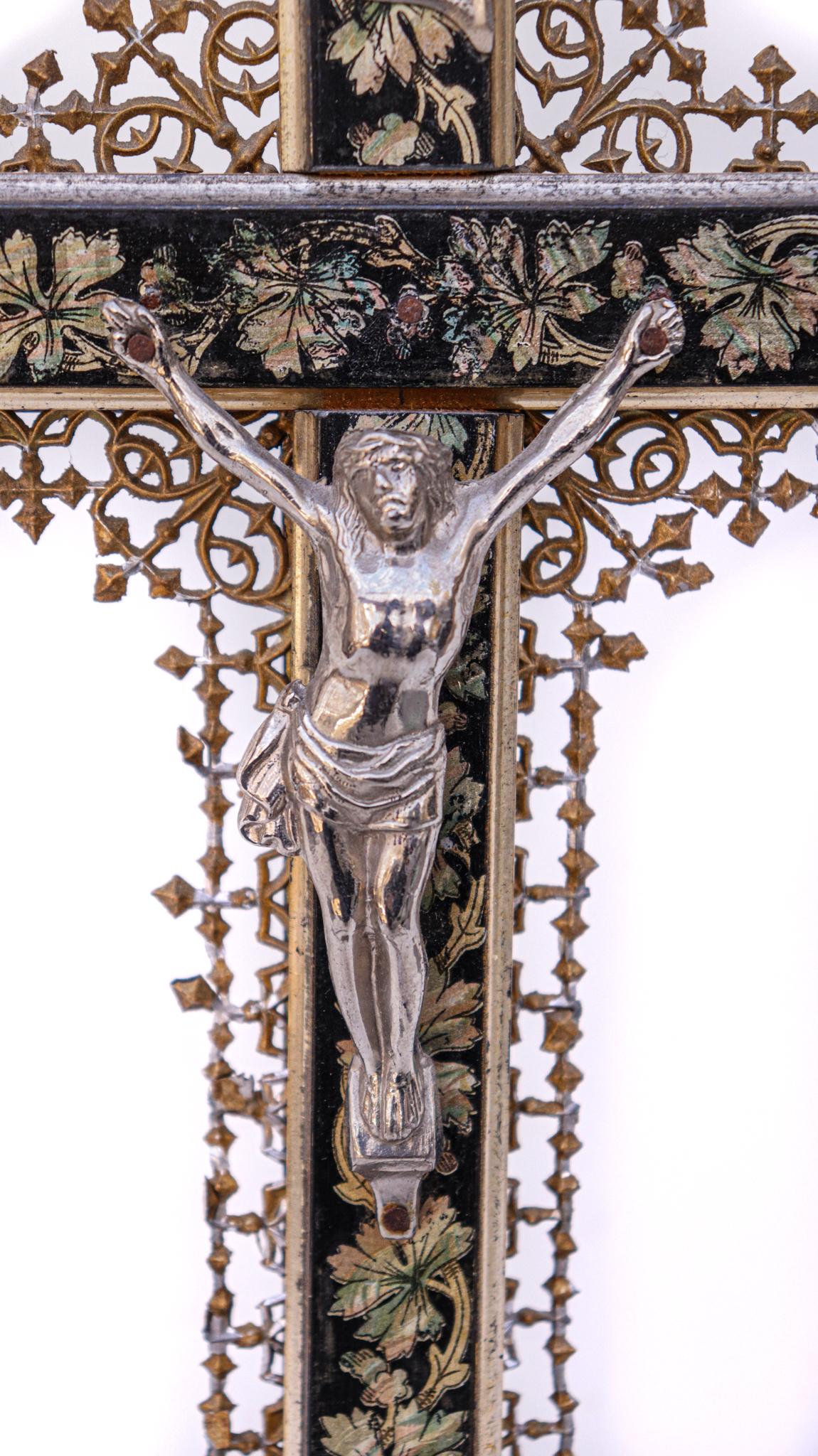 Neoclassical 19th Century French Crucifix with a Silver Figure of Christ and Abalone Shells