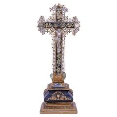 19th Century French Crucifix with a Silver Figure of Christ and Abalone Shells
