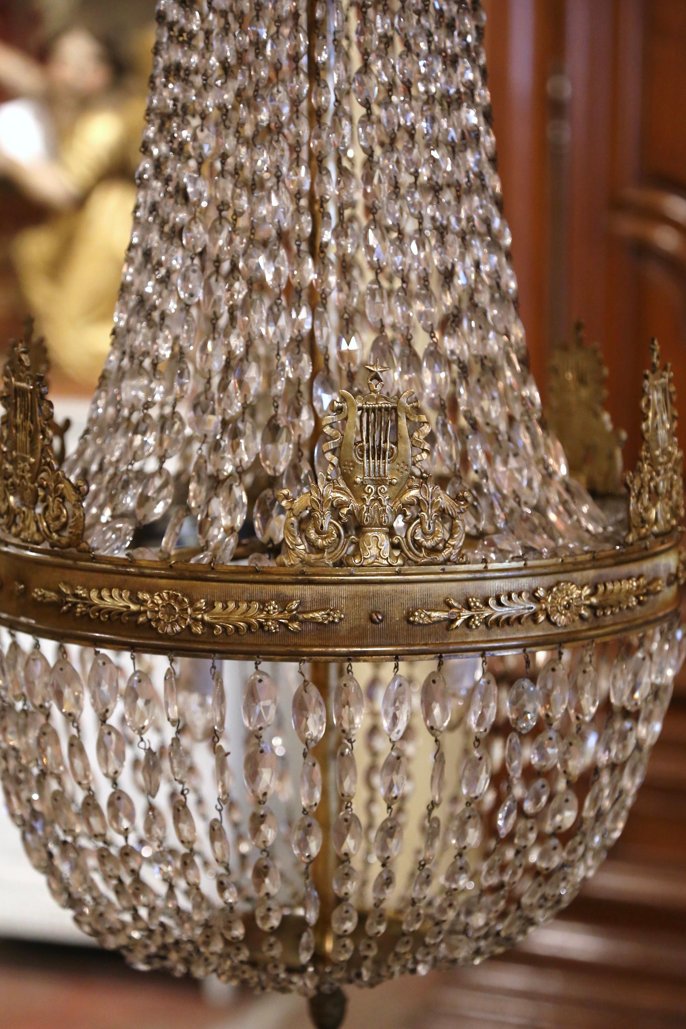Louis XVI 19th Century French Crystal and Bronze Five-Light Basket Chandelier