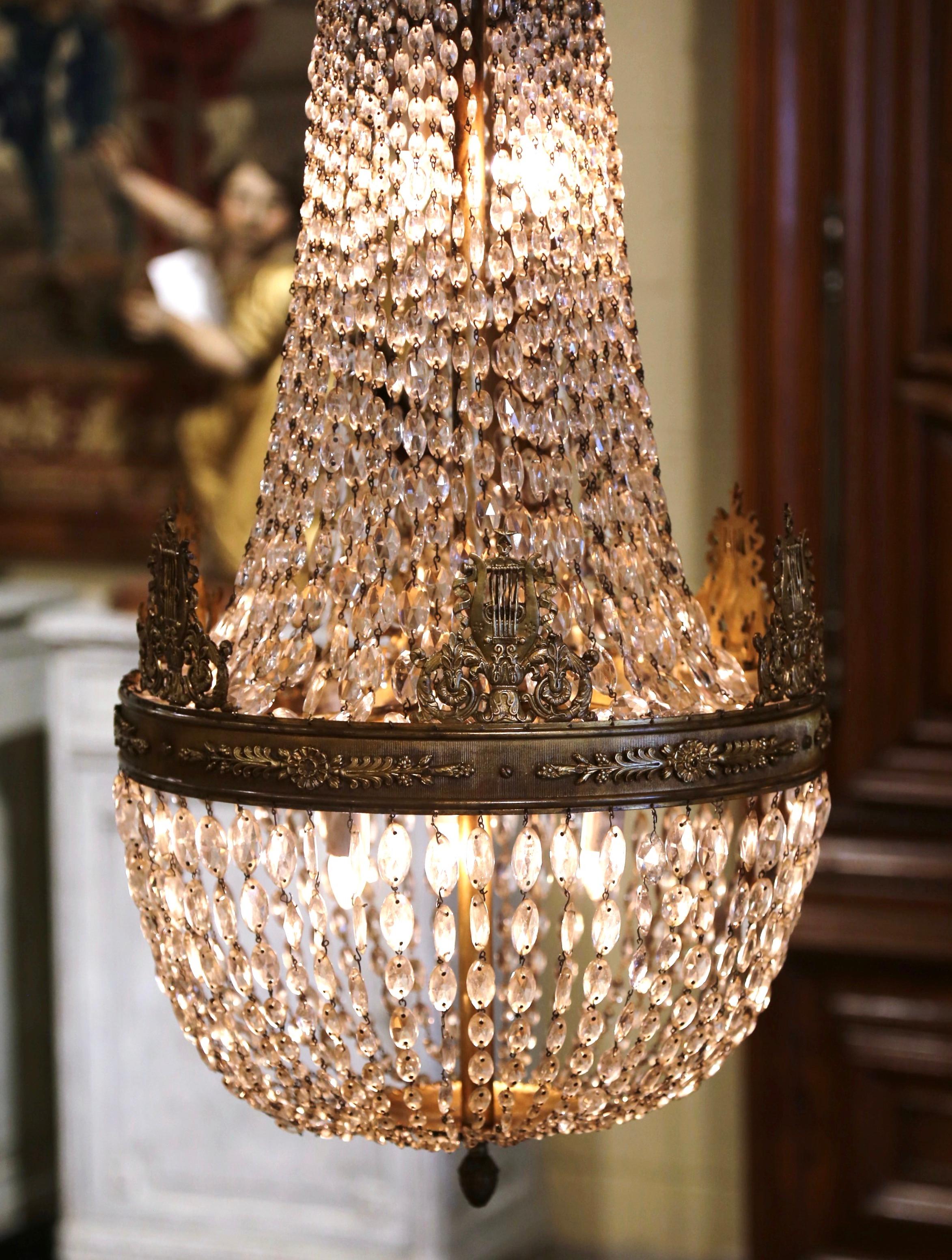 Patinated 19th Century French Crystal and Bronze Five-Light Basket Chandelier