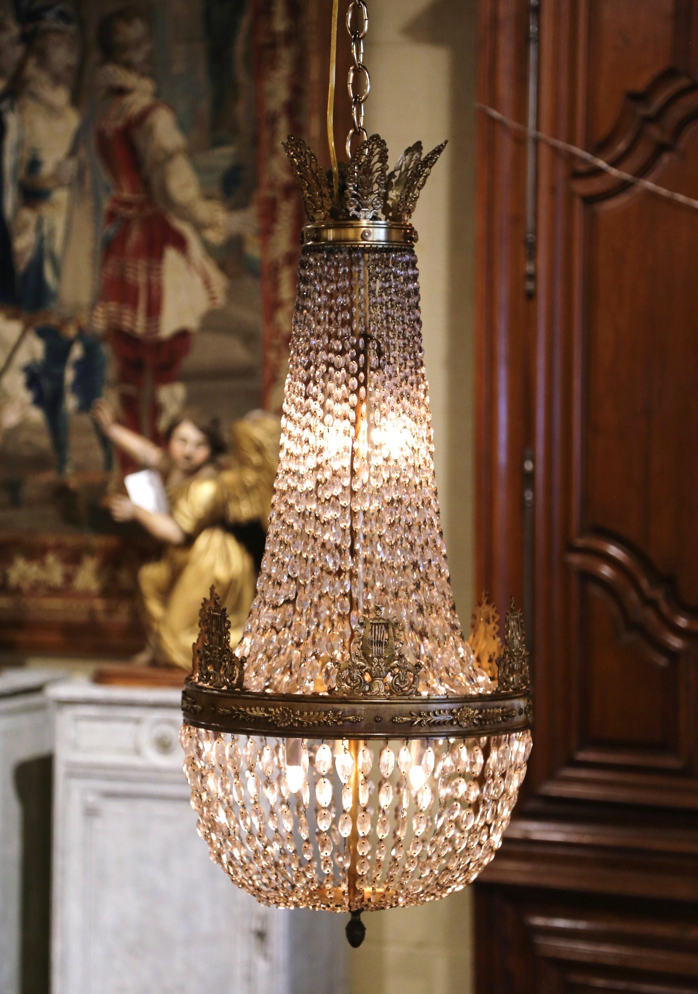 19th Century French Crystal and Bronze Five-Light Basket Chandelier In Excellent Condition In Dallas, TX