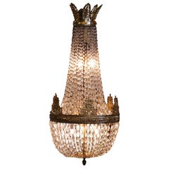 Antique 19th Century French Crystal and Bronze Five-Light Basket Chandelier