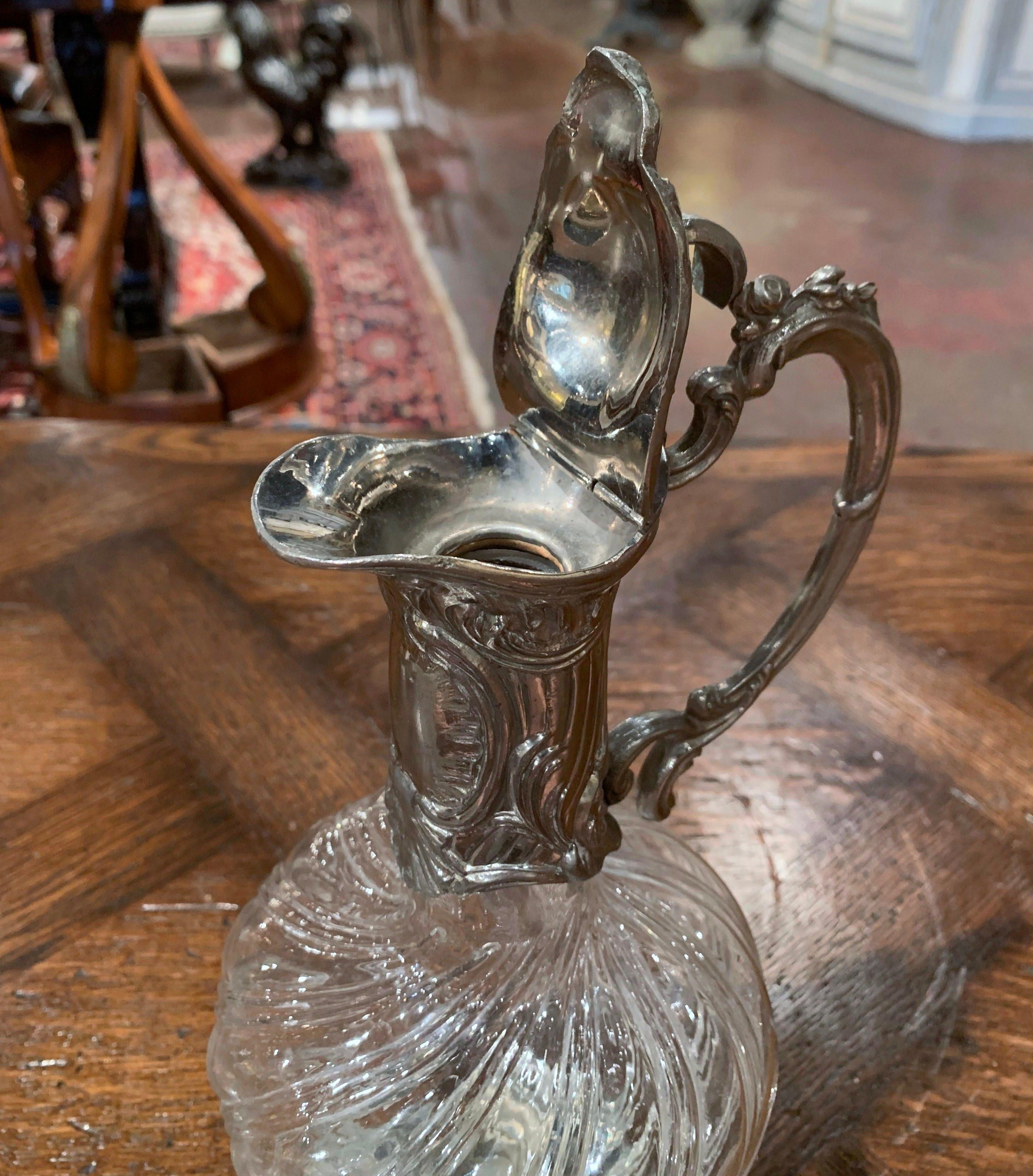 Hand-Crafted 19th Century French Crystal and Pewter Silvered Wine Carafe Decanter