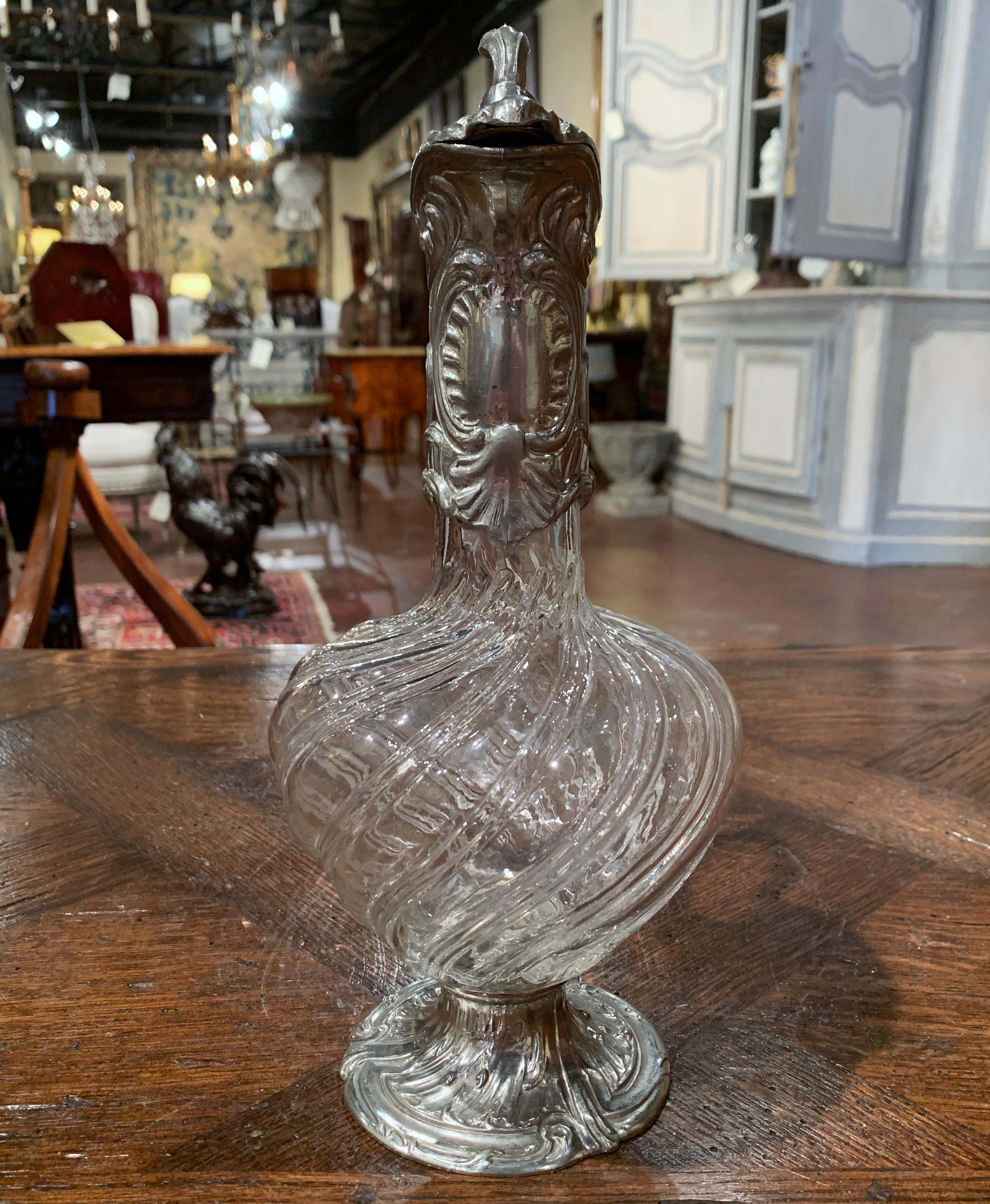 19th Century French Crystal and Pewter Silvered Wine Carafe Decanter In Excellent Condition In Dallas, TX