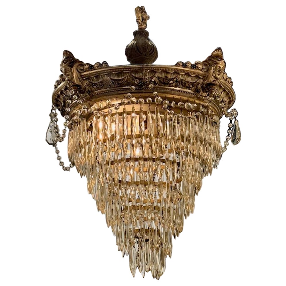 19th Century French Crystal and Silver Plated Brass Waterfall Chandelier