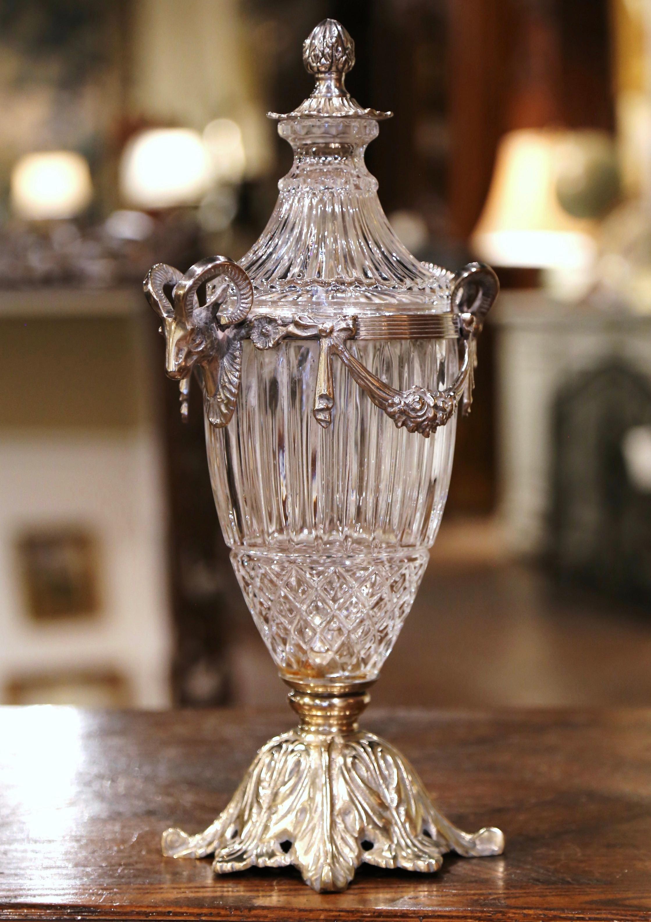 Louis XV 19th Century French Crystal and Silvered Bronze Cassolette Urn with Ram Decor