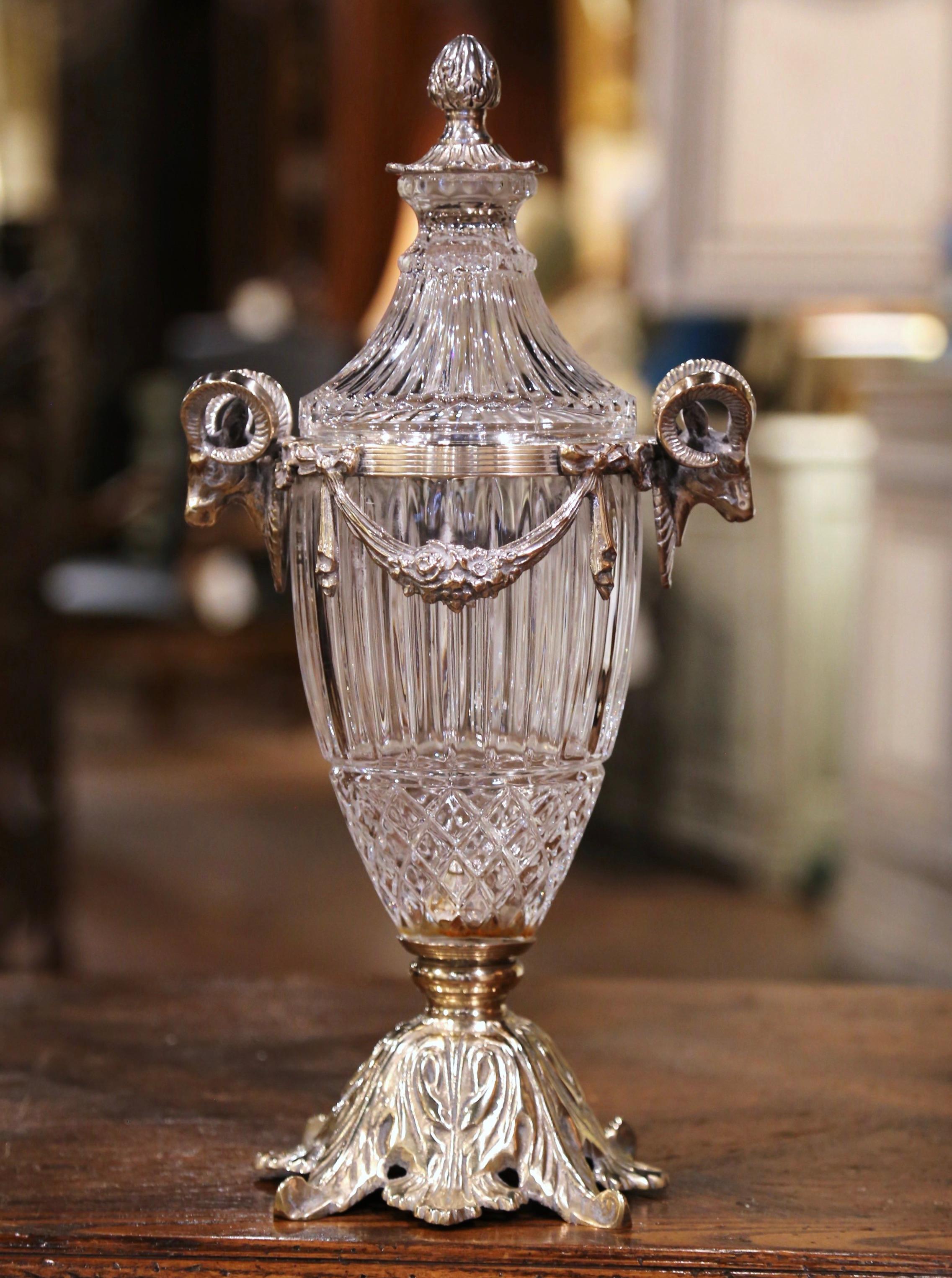 Hand-Crafted 19th Century French Crystal and Silvered Bronze Cassolette Urn with Ram Decor