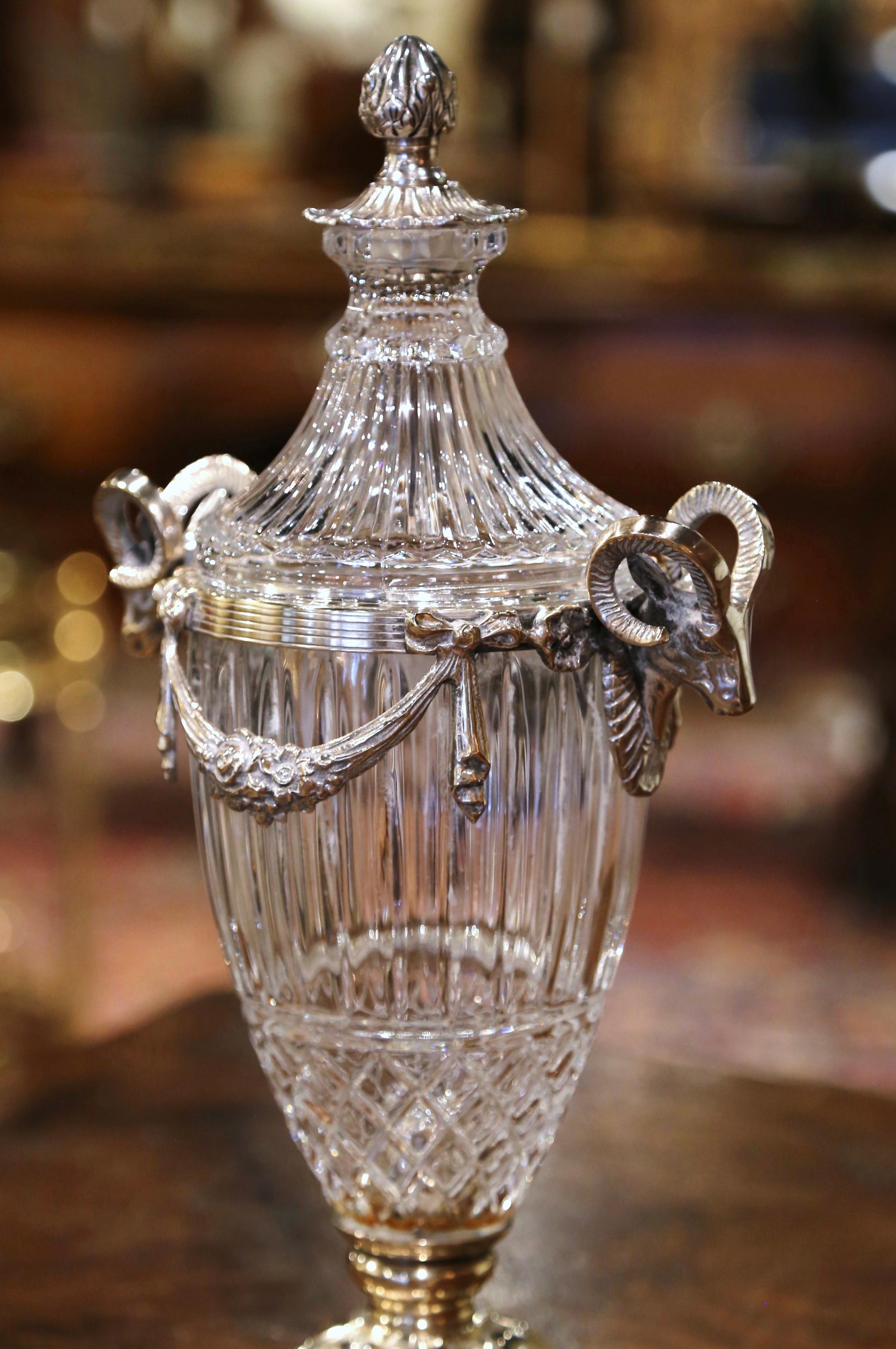 19th Century French Crystal and Silvered Bronze Cassolette Urn with Ram Decor In Excellent Condition In Dallas, TX