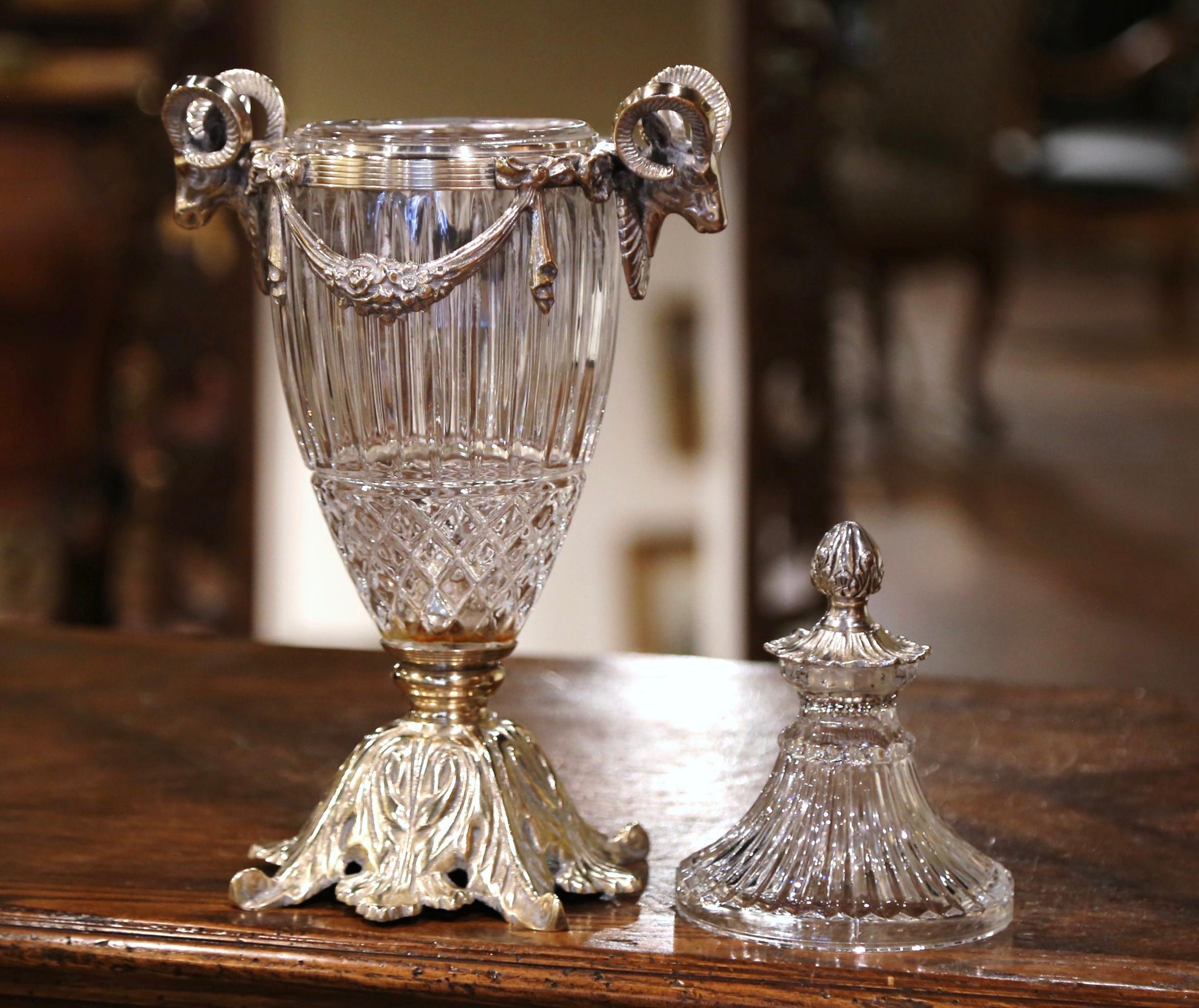 19th Century French Crystal and Silvered Bronze Cassolette Urn with Ram Decor 1