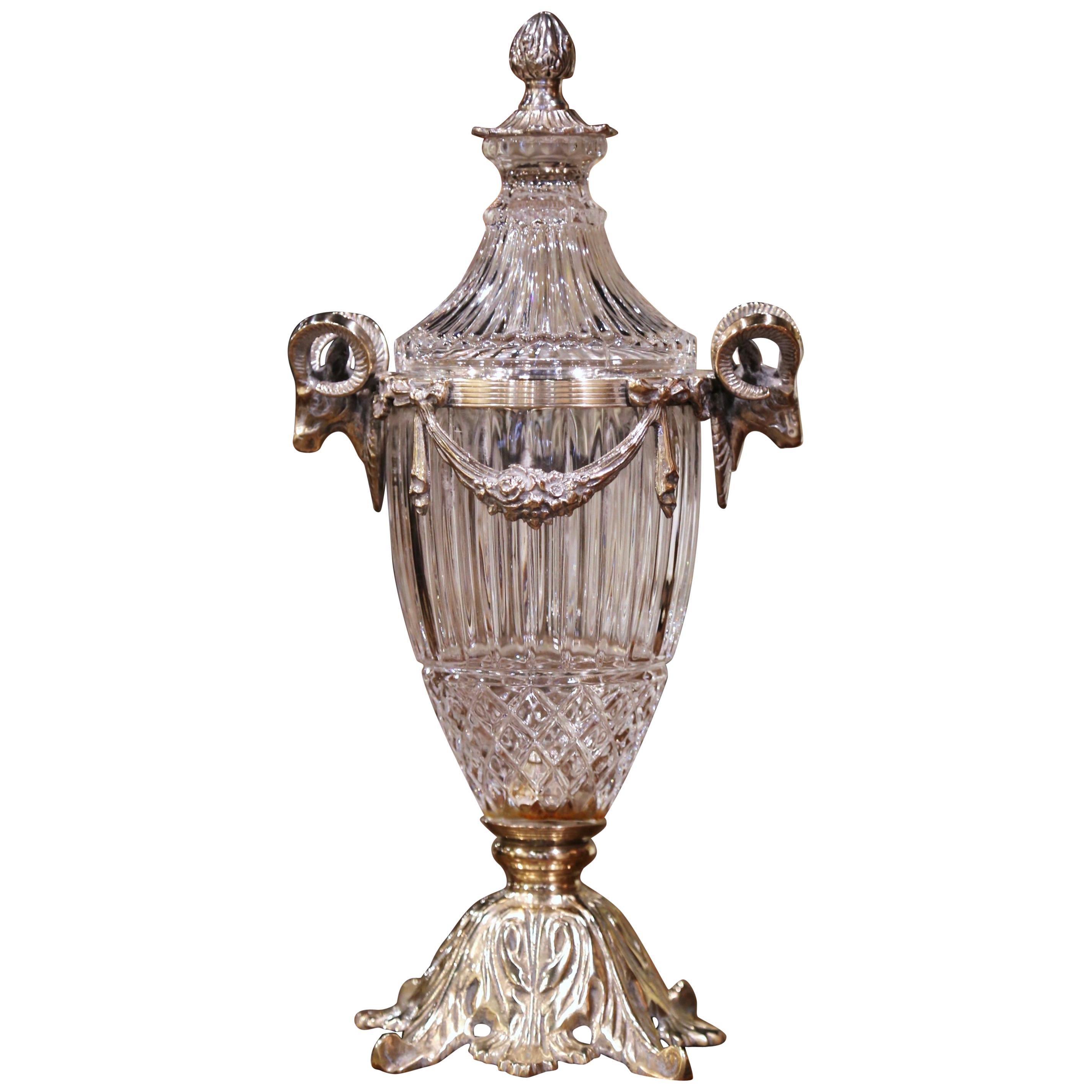 19th Century French Crystal and Silvered Bronze Cassolette Urn with Ram Decor