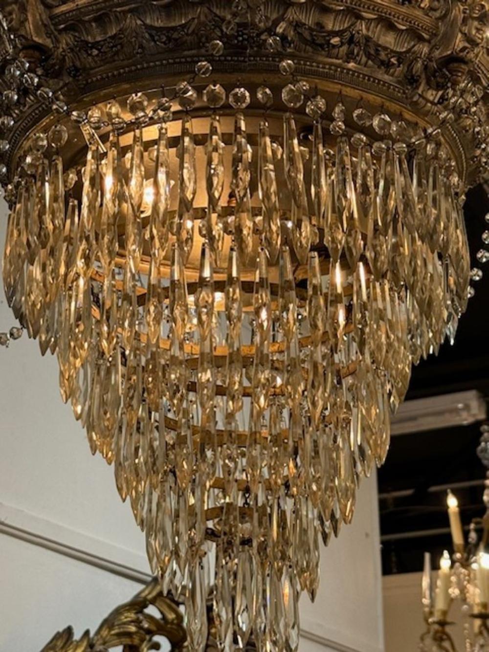 19th Century French Crystal and Silver Plated Brass Waterfall Chandelier 4