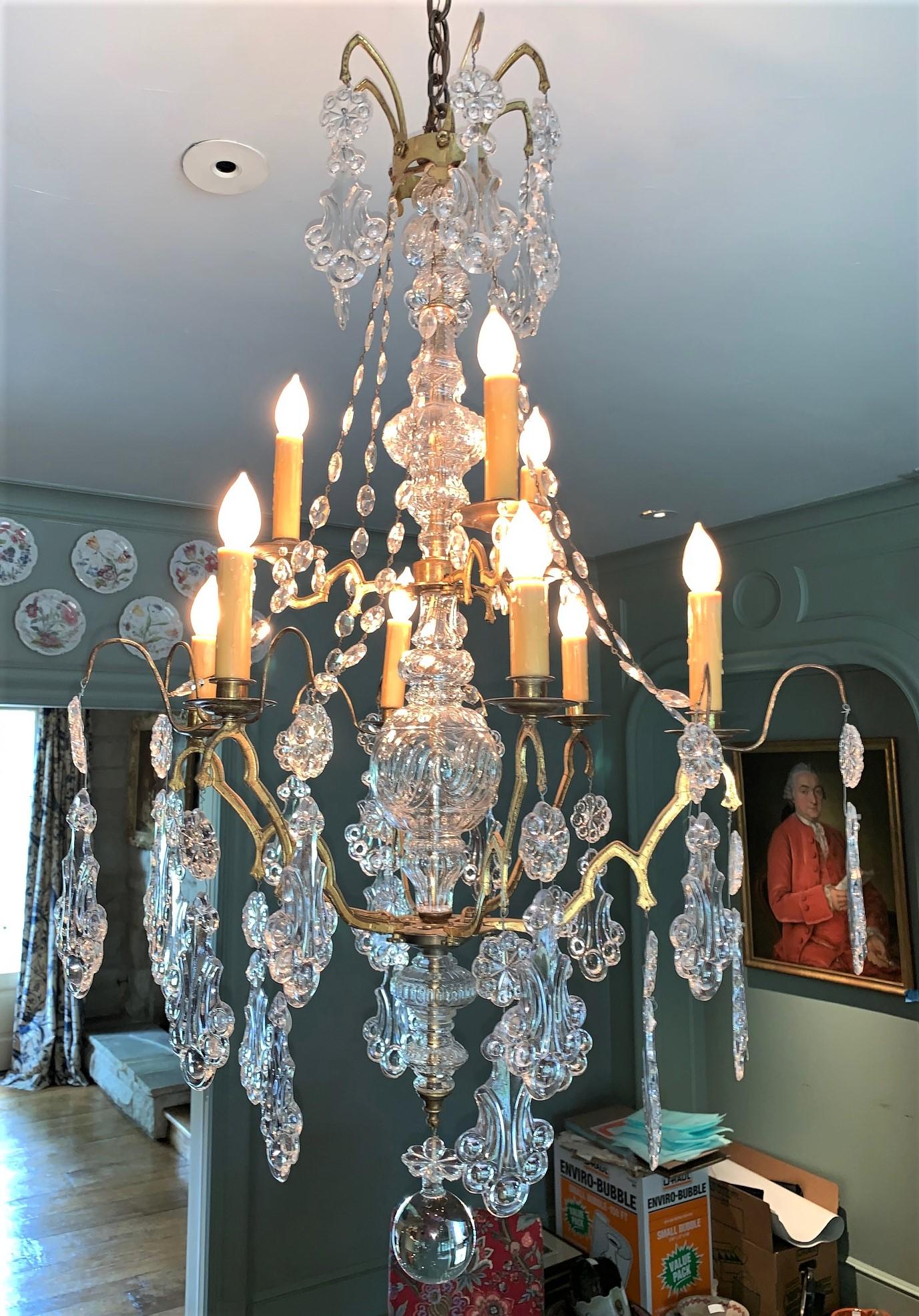 Exquisite 19th century French brass and bead crystal birdcage chandelier with Victorian hand blown glass stem, and unique blown glass prisms in a fancy Pendeloque design. The base accented with a polished crystal sphere,

circa 1860.