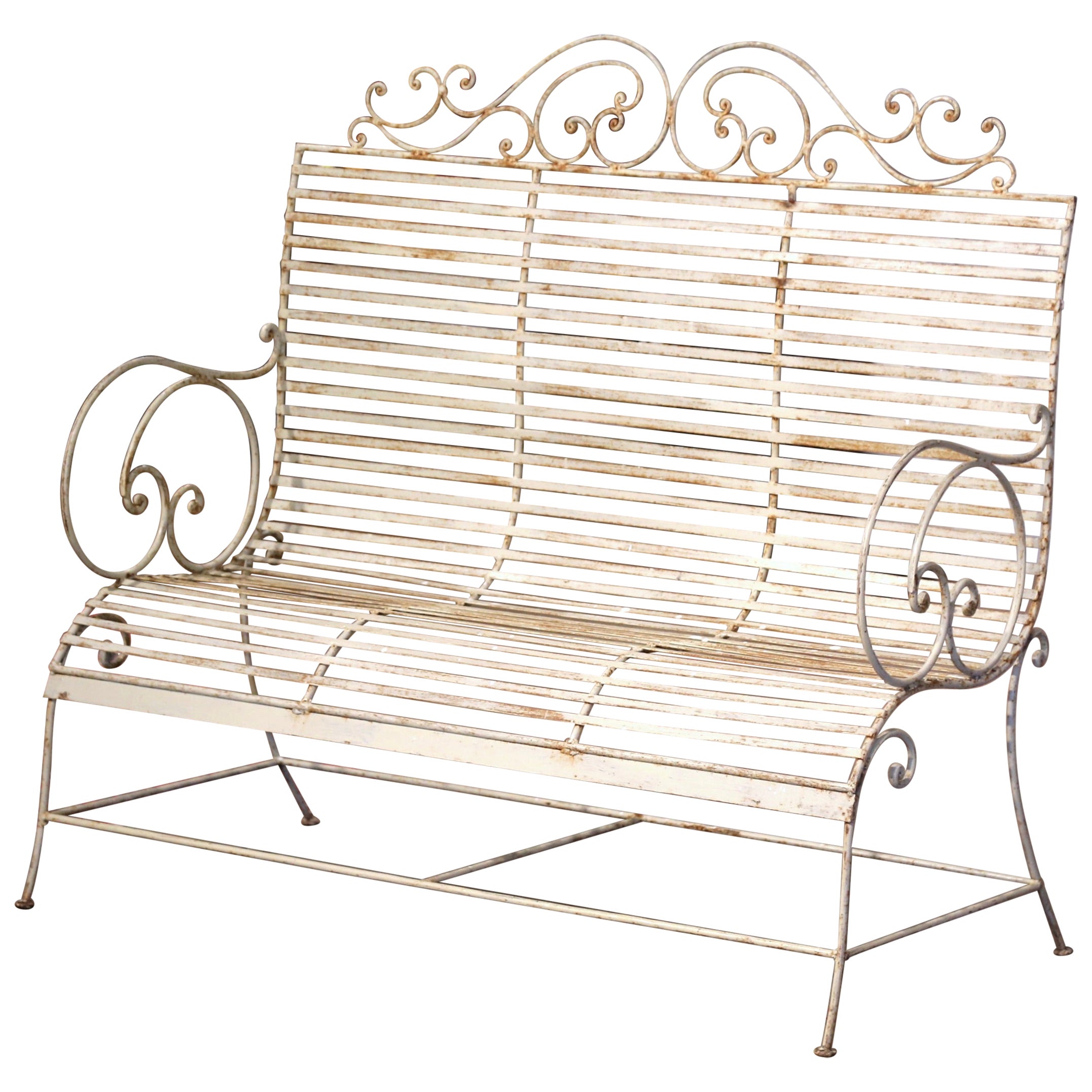 19th Century French Curved Painted Iron Three-Seat Garden Bench from Normandy