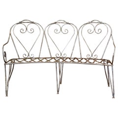 19th Century French Louis Philippe Curved Iron Garden Bench with Heart Scrolls