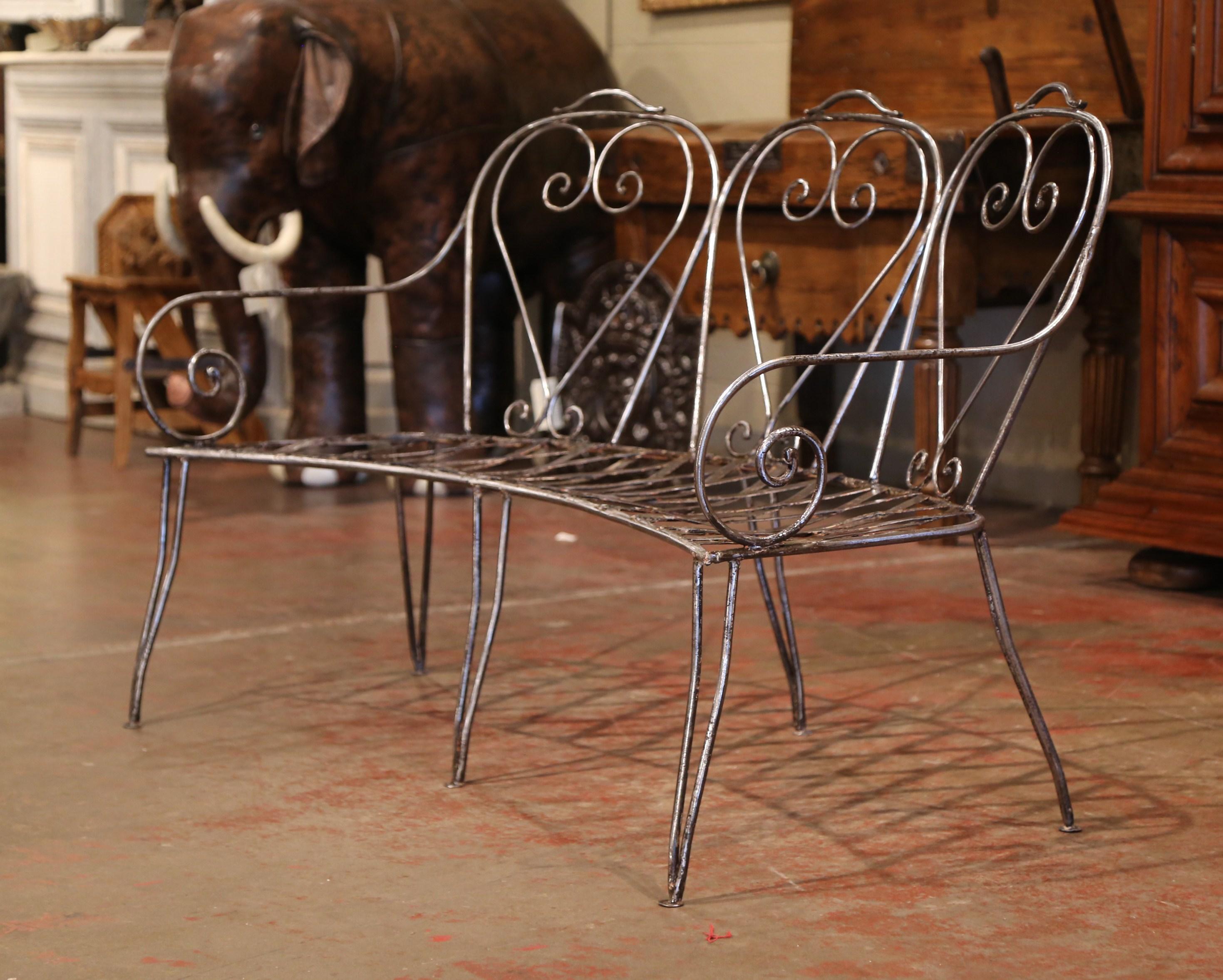 Louis Philippe 19th Century French Curved Polished Iron Three-Seat Garden Bench from Normandy