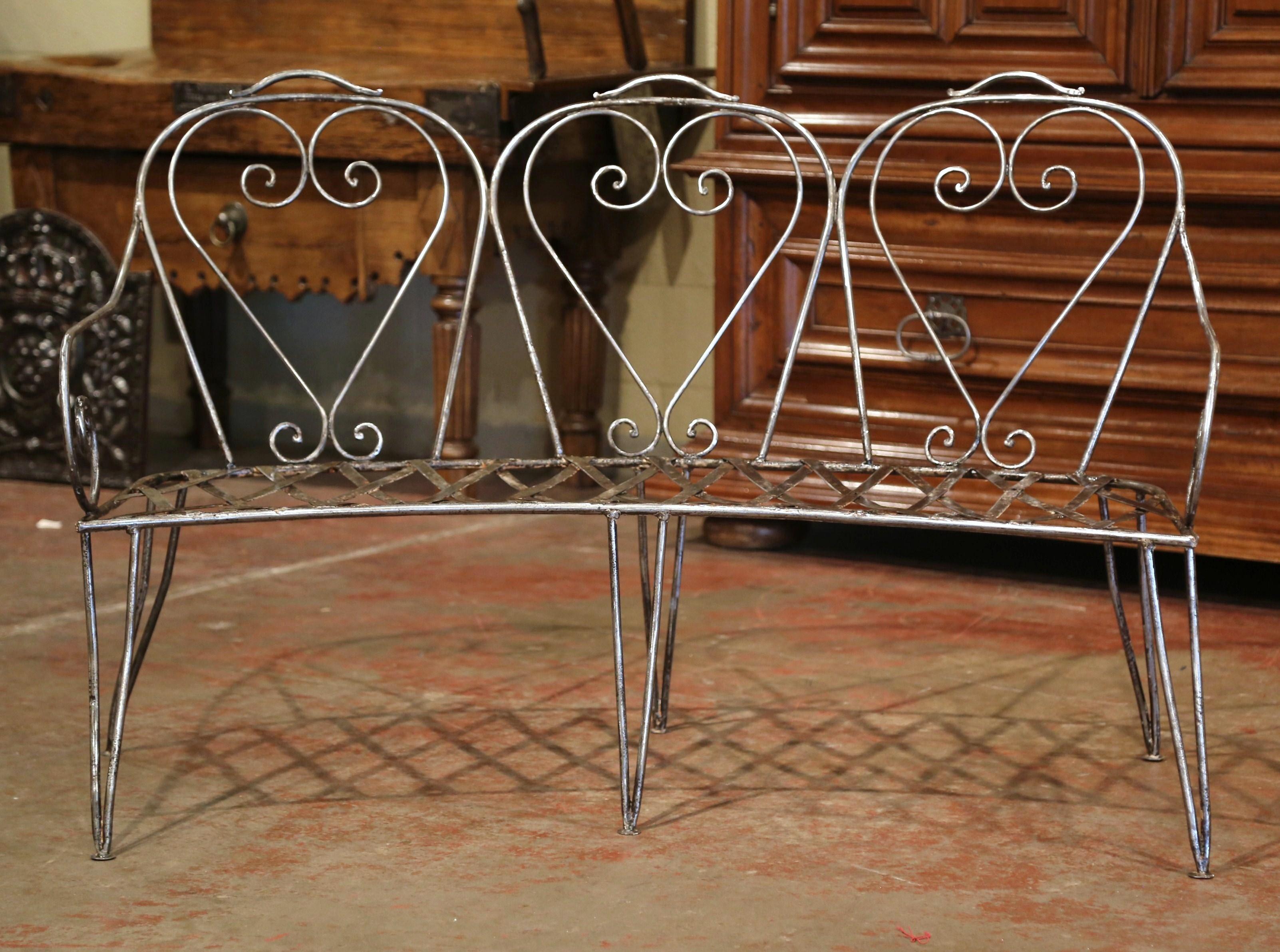 19th Century French Curved Polished Iron Three-Seat Garden Bench from Normandy In Excellent Condition In Dallas, TX
