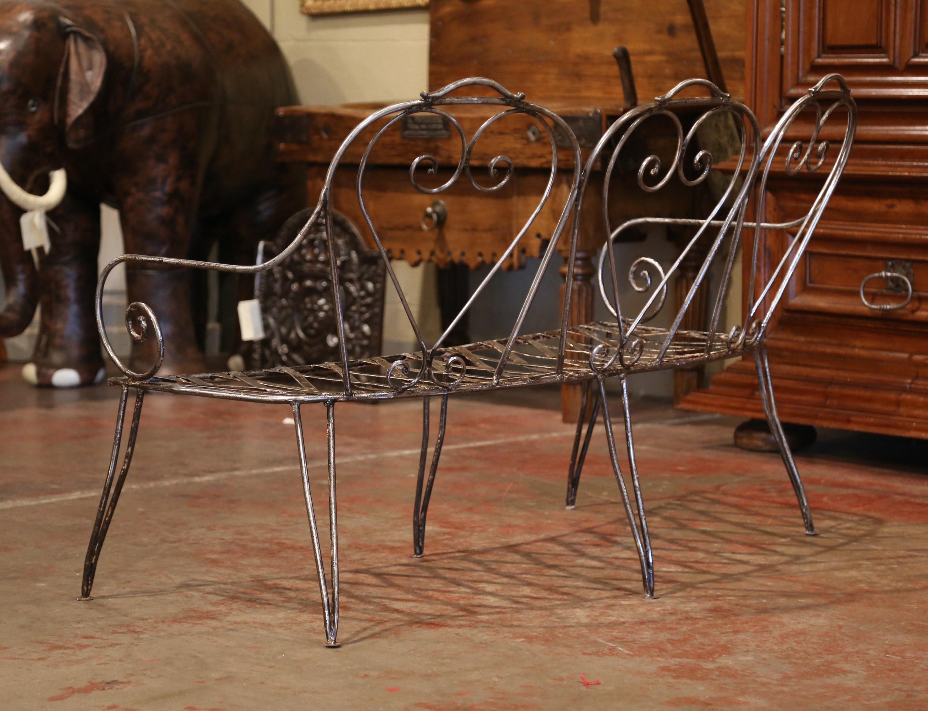 19th Century French Curved Polished Iron Three-Seat Garden Bench from Normandy For Sale 2