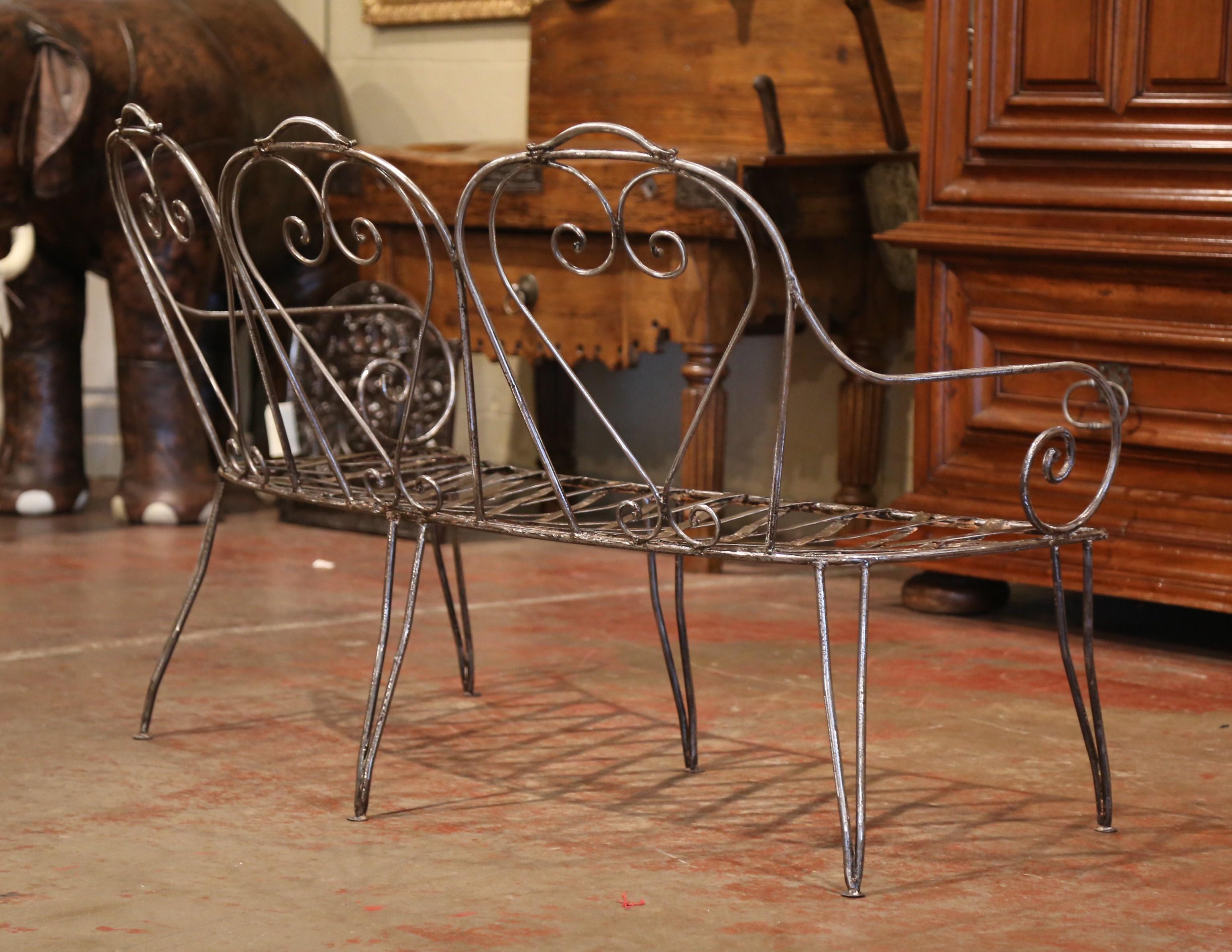 19th Century French Curved Polished Iron Three-Seat Garden Bench from Normandy 4