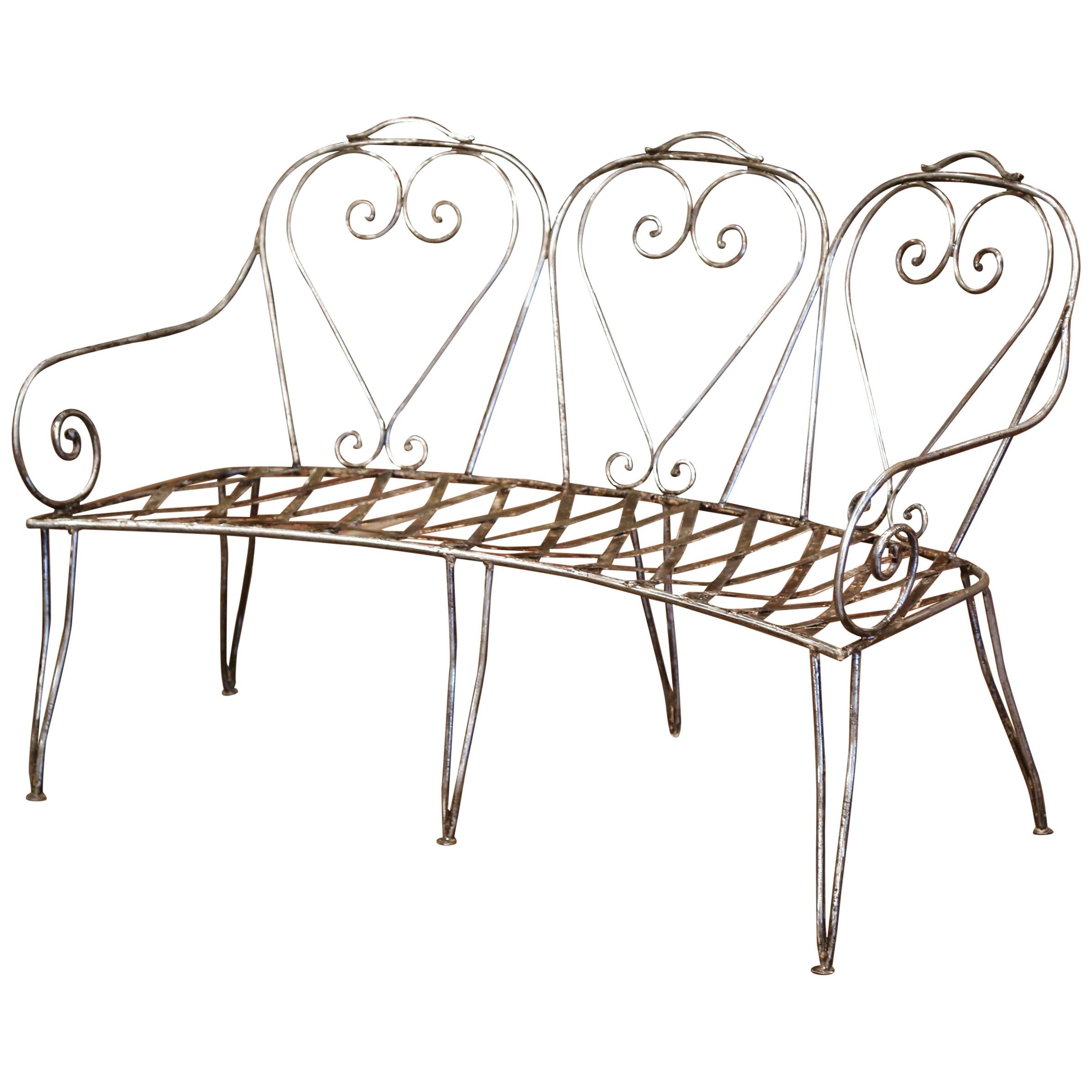 19th Century French Curved Polished Iron Three-Seat Garden Bench from Normandy For Sale