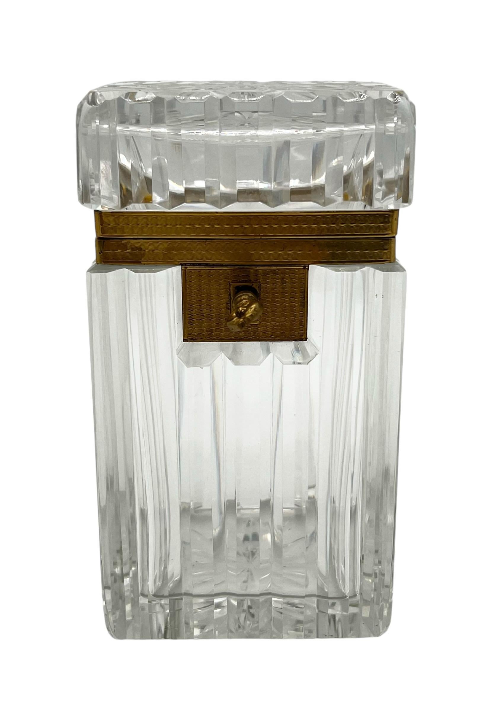 19th Century French Cut Crystal Casket Box with Ormolu Mounts and Key.  Overall excellent condition with age appropriate wear. No damages. Original key. 

Measures approximately 3.5