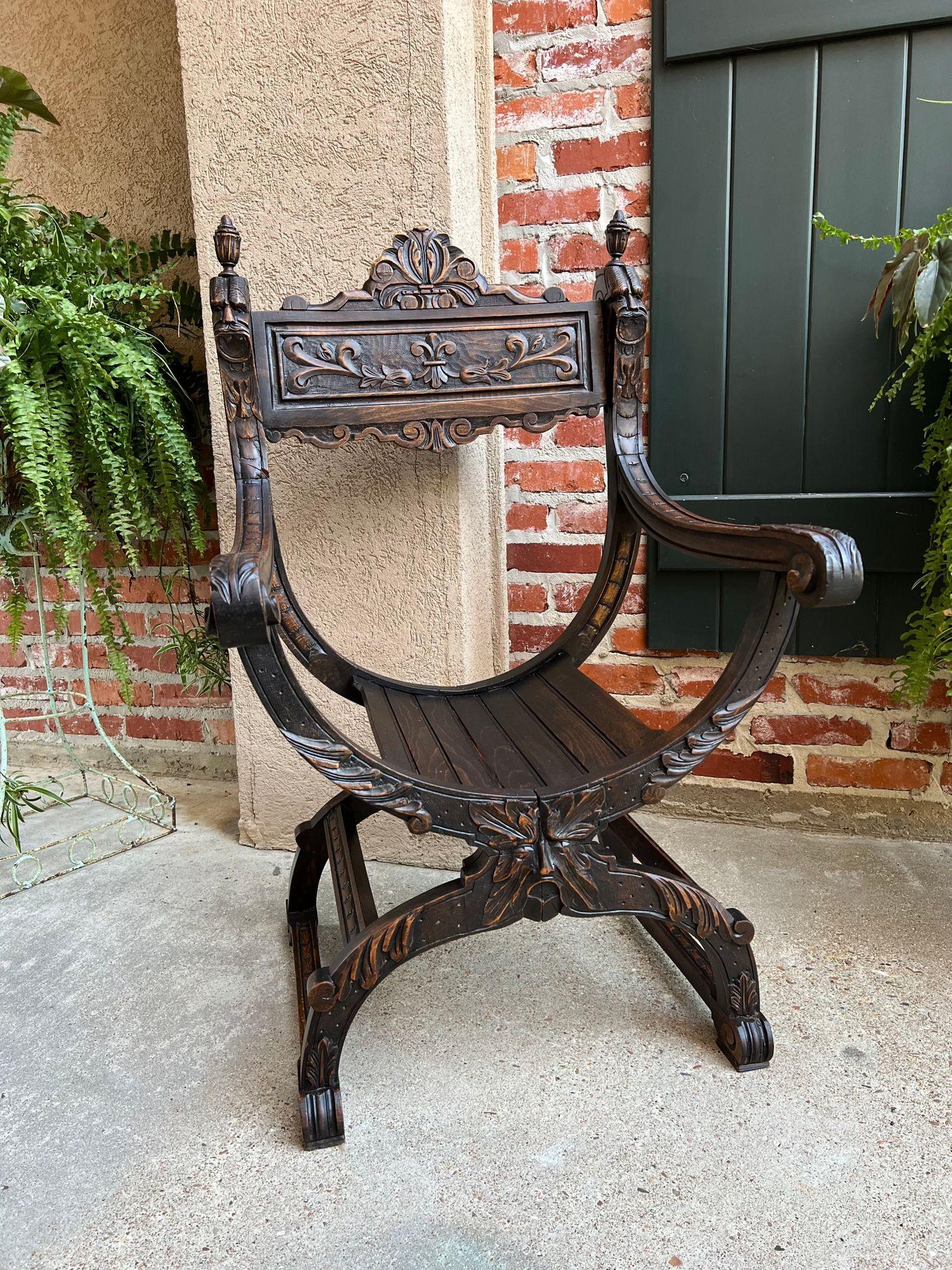 19th Century French Dagobert Arm Chair Carved Oak Curule Throne Renaissance 6