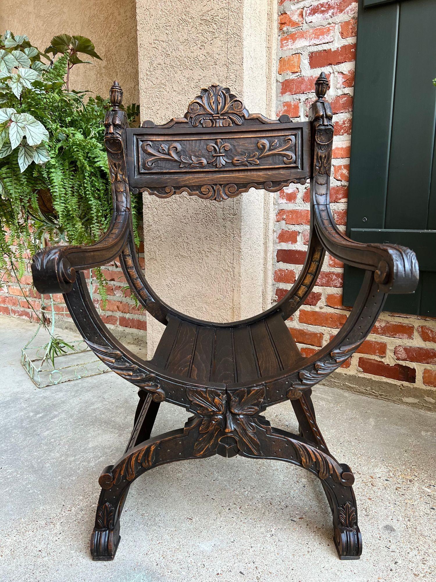 19th Century French Dagobert Arm Chair Carved Oak Curule Throne Renaissance 7